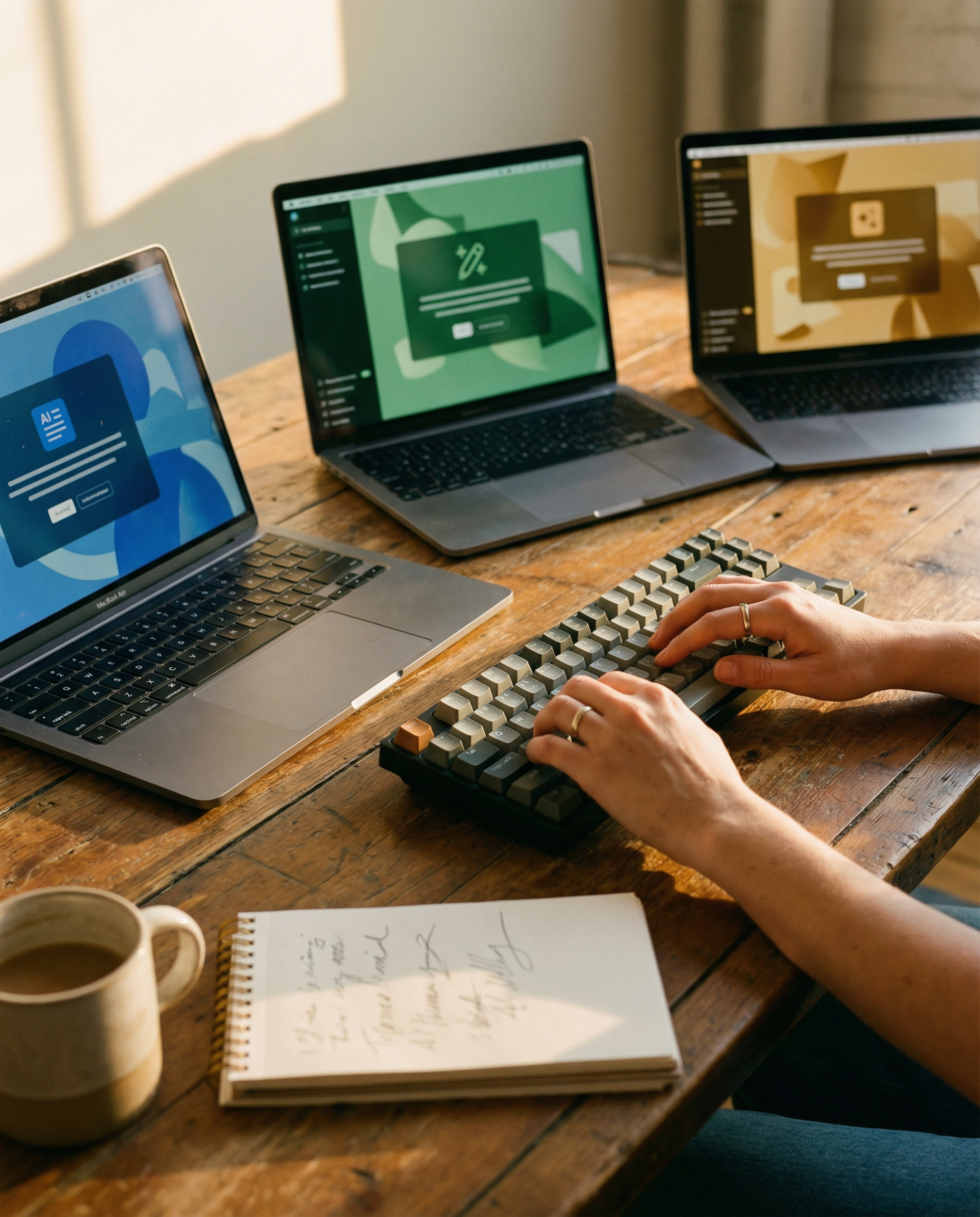 Photorealistic editorial photograph: close-up detail shot of content writer's workspace showing three distinct laptop screens arranged in semi-circle on industrial wooden desk, each displaying differe