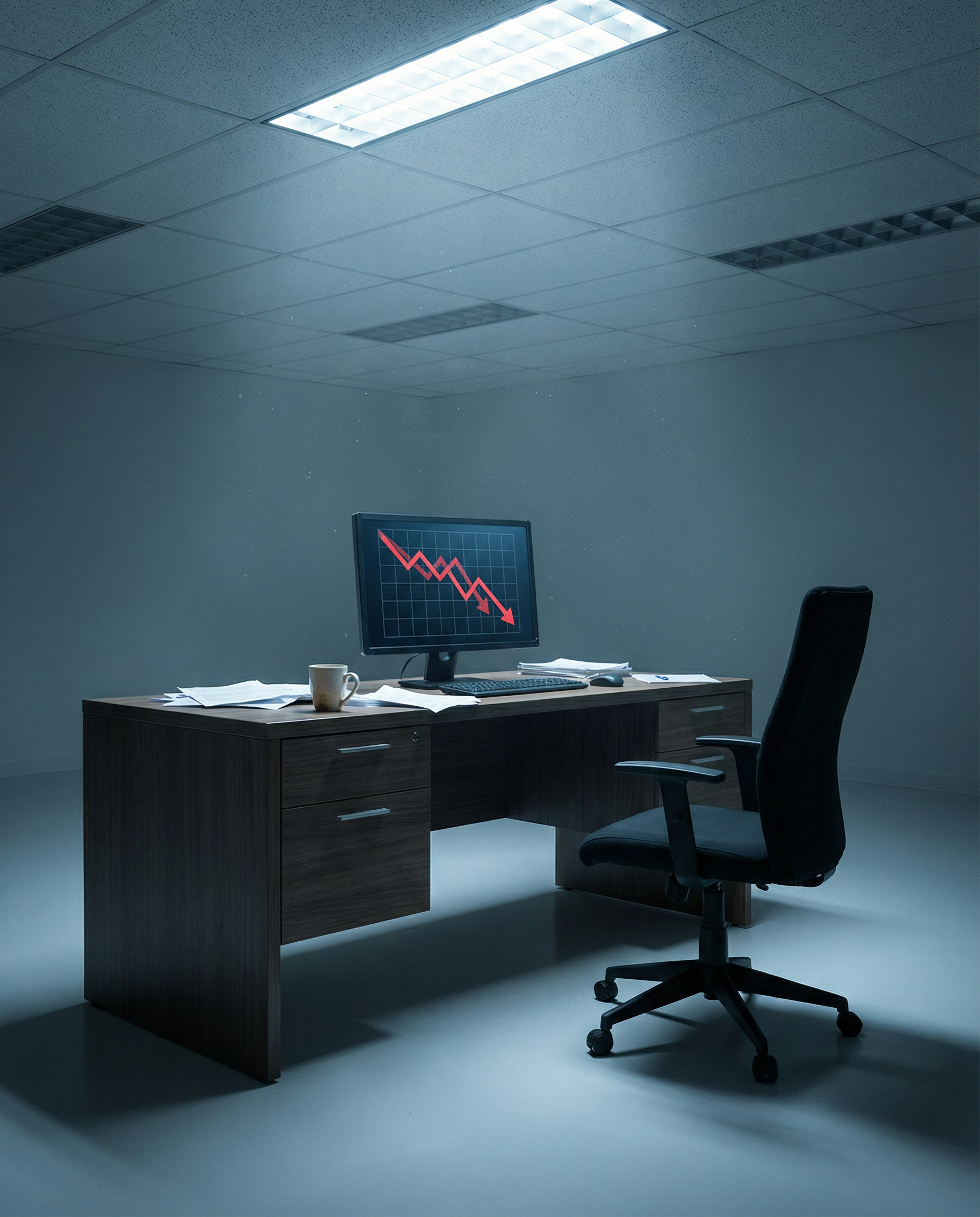 Photorealistic editorial photograph: abandoned modern office desk in harsh fluorescent overhead lighting, empty ergonomic chair pushed back hastily, computer monitor displaying downward trending analy