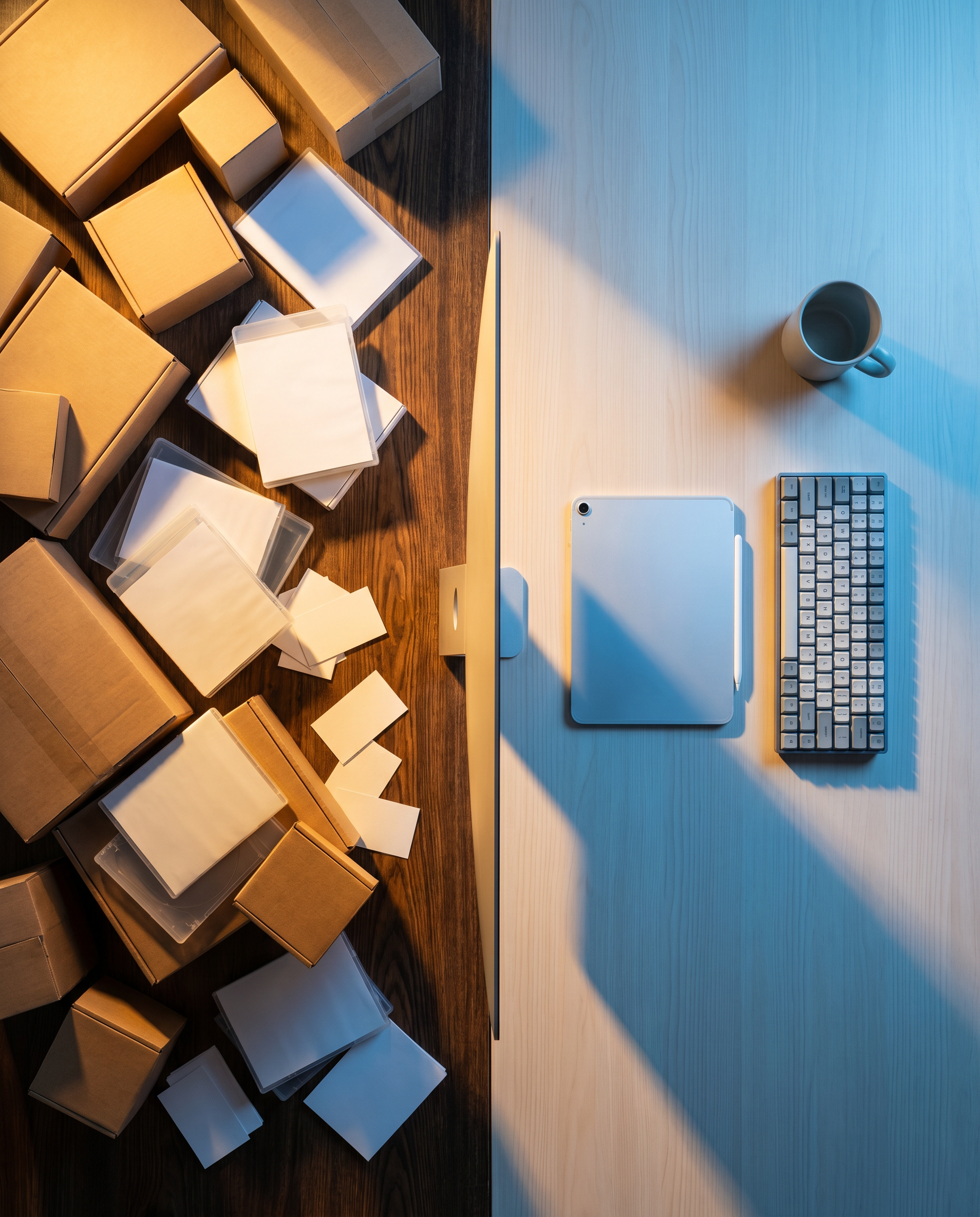 Photorealistic editorial photograph: split-screen workspace comparison, left side cluttered with dozens of scattered AI software boxes and subscription cards creating visual chaos, right side minimali