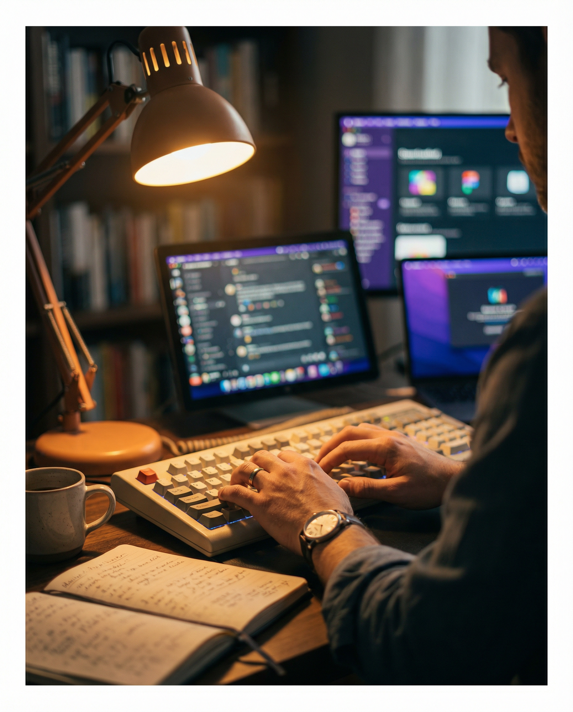 Photorealistic editorial photograph: close-up of content writer's hands typing on mechanical keyboard, three different AI tool interfaces visible on multiple monitors in soft focus background, warm de