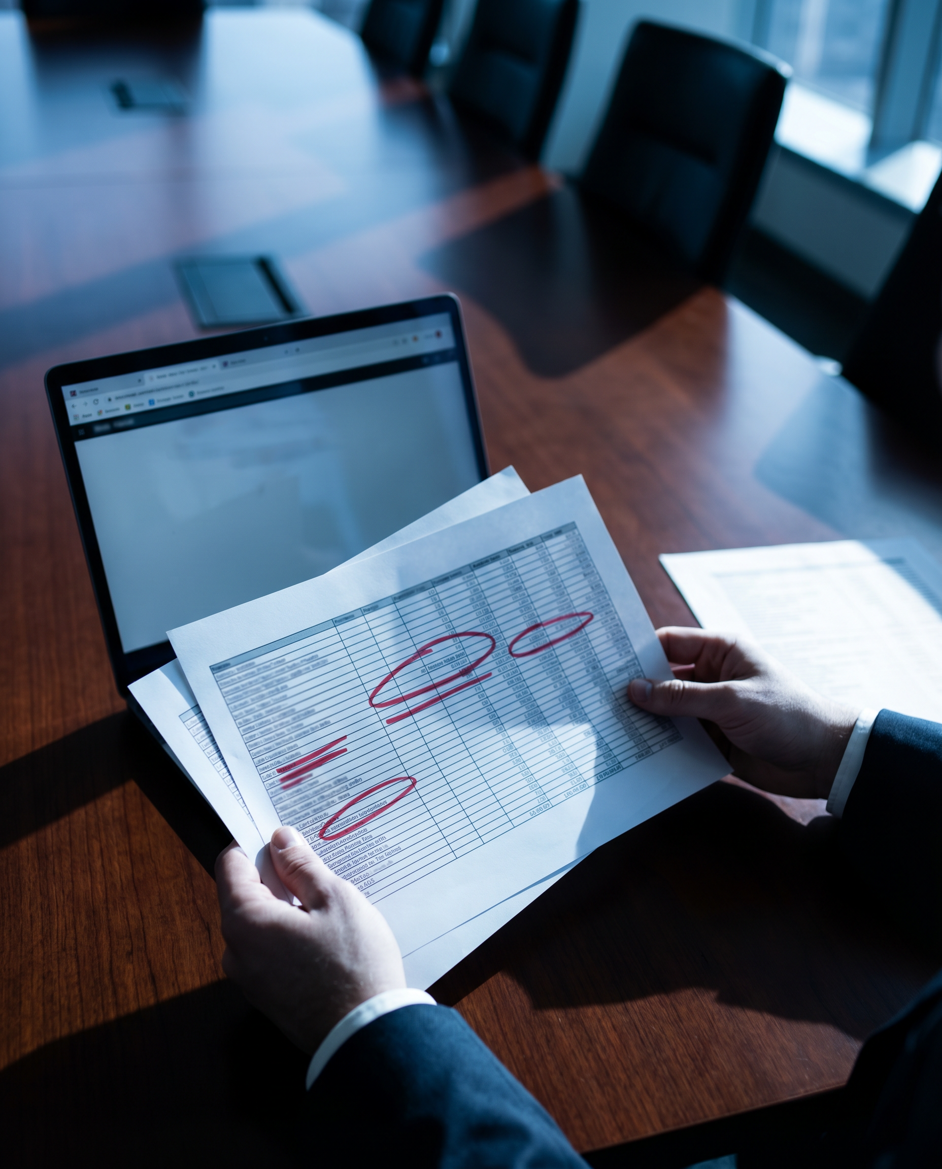 Photorealistic editorial photograph: tense boardroom scene, overhead angle looking down at polished dark wood conference table, CFO's hands in sharp focus reviewing printed budget spreadsheets with re