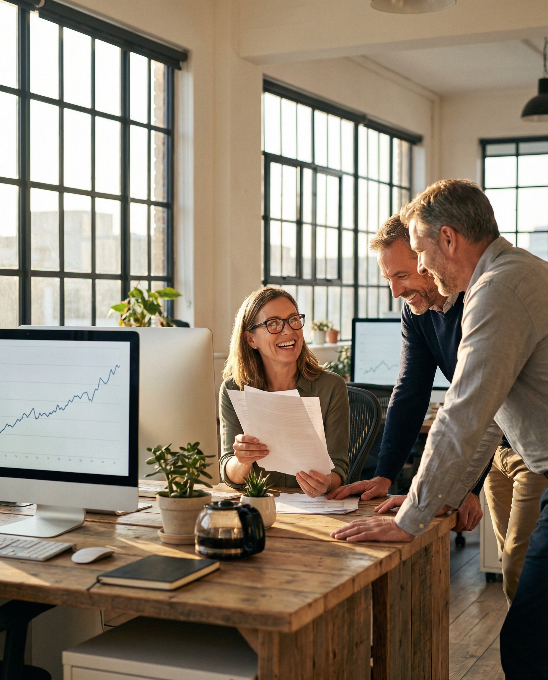 Photorealistic editorial photograph: triumphant content team of three working in collaborative modern office space, middle-aged writer reviewing printed articles with visible satisfaction, two colleag