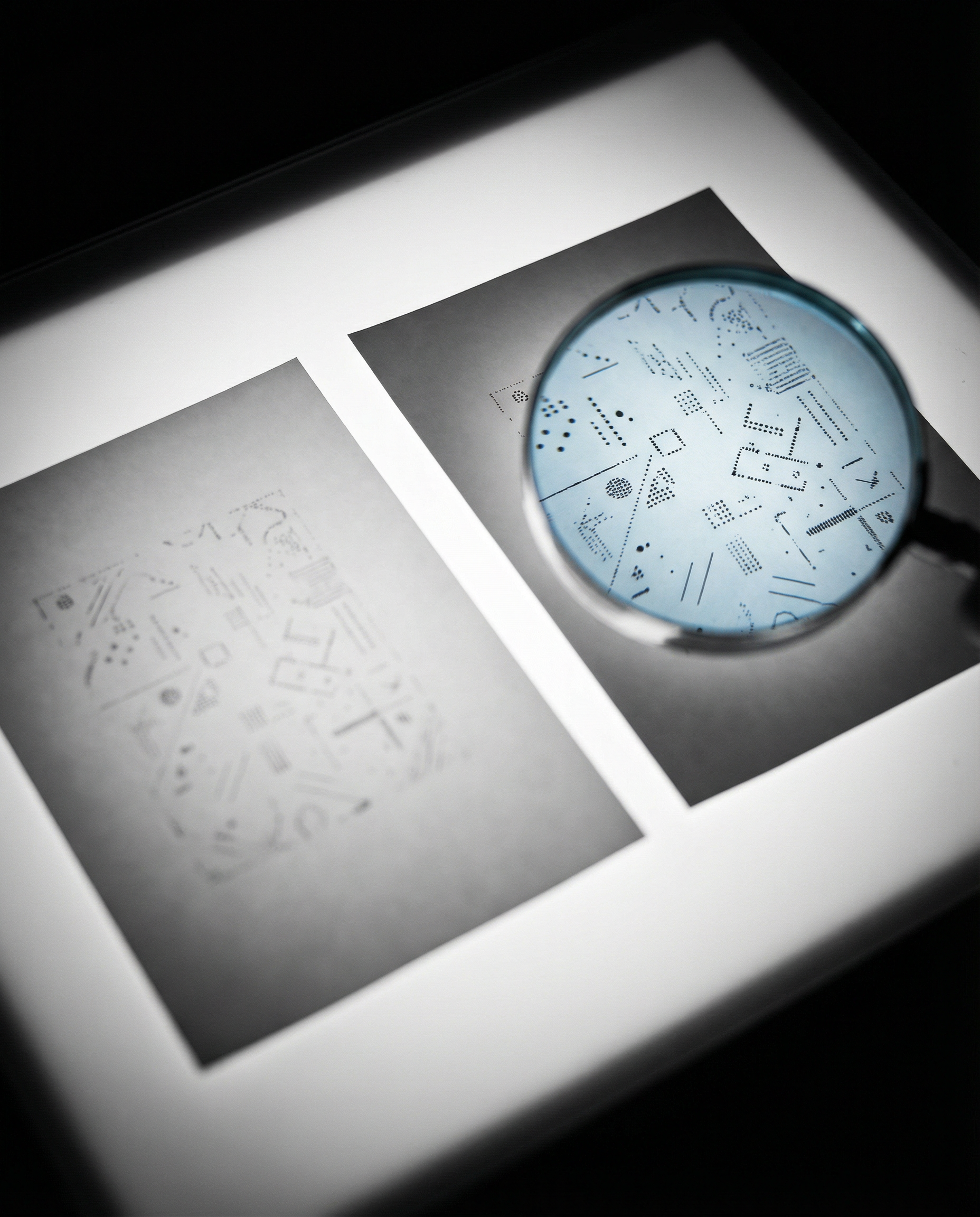 Photorealistic editorial photograph: close-up of two identical printed article pages side by side on lightbox table, magnifying glass hovering over right page revealing telltale AI writing patterns, d