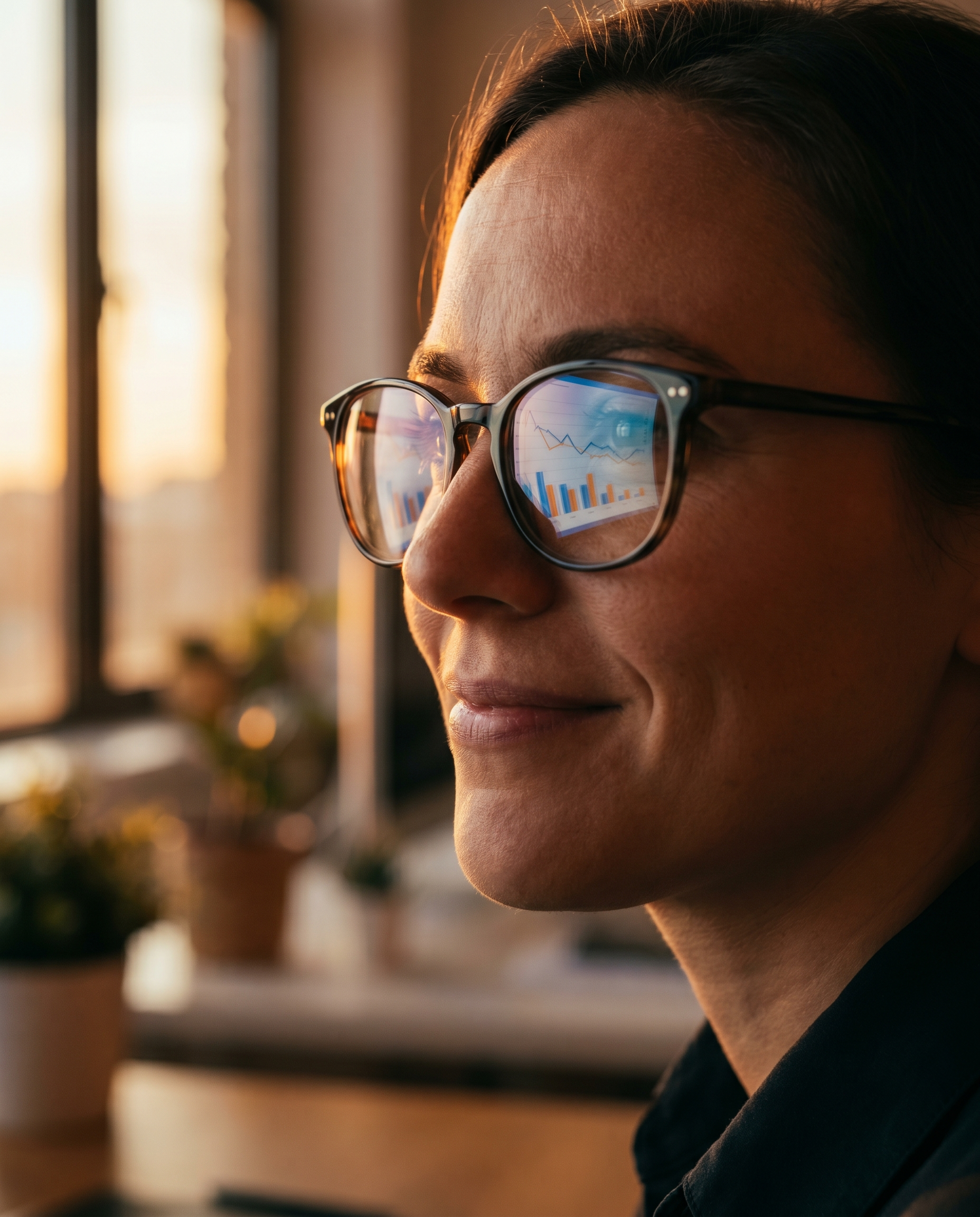 Photorealistic editorial photograph: close-up of computer screen reflecting in eyeglasses of focused content editor, analytics dashboard with rising traffic graphs visible in reflection, warm evening