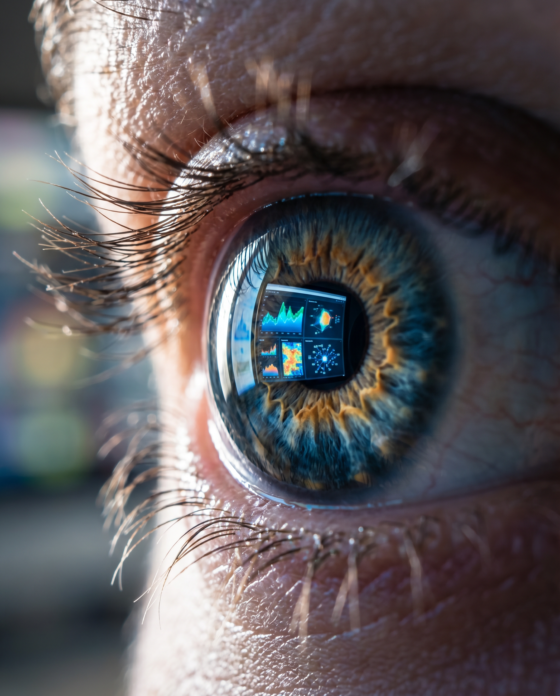 Photorealistic editorial photograph: extreme close-up macro shot of human eye reflecting computer screen with data analytics and search intent keywords, sharp focus on iris detail with colorful data v