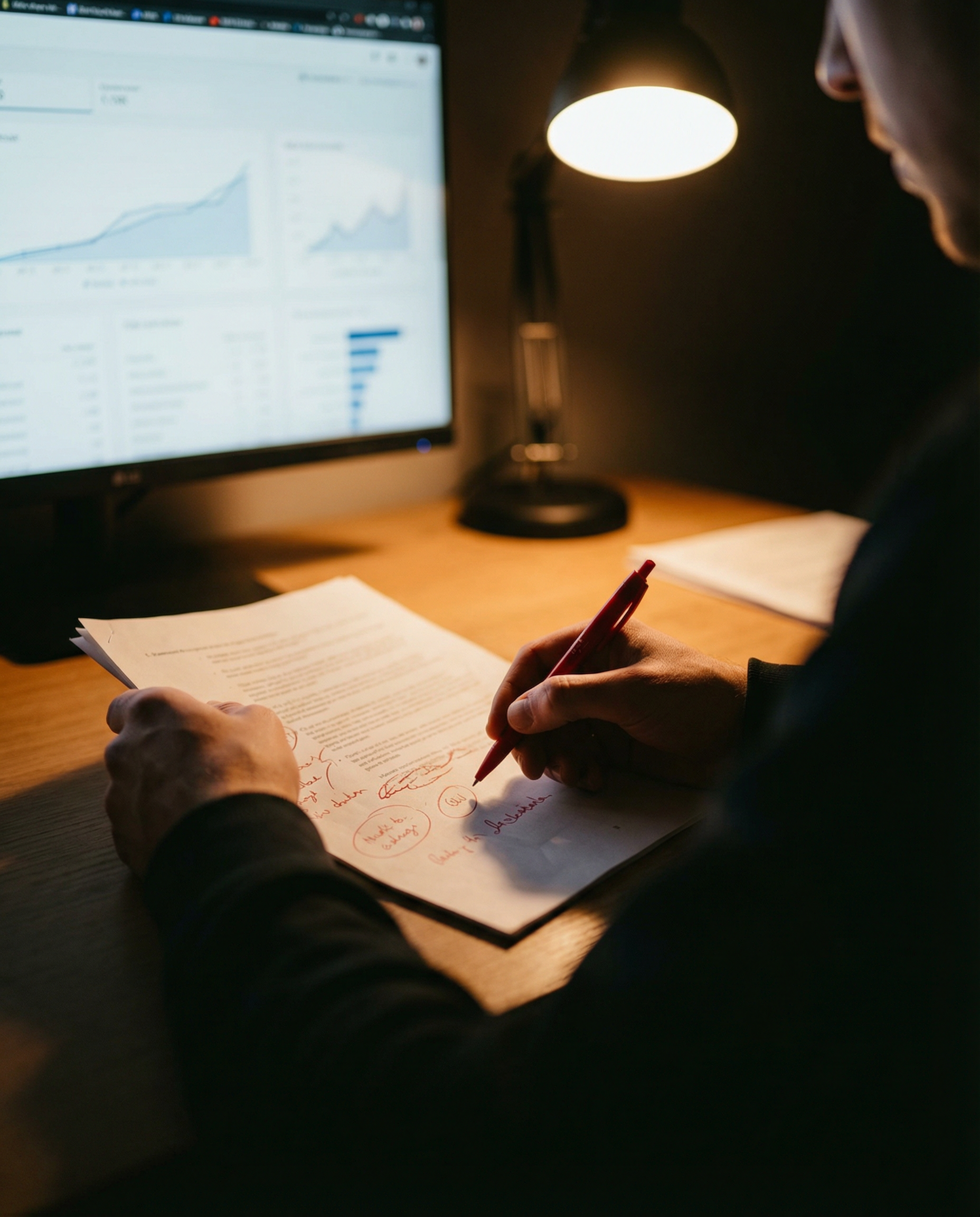 Photorealistic editorial photograph: tight over-shoulder shot of editor's hands holding red pen making corrections on printed AI-generated article, Google Search Console dashboard visible on secondary