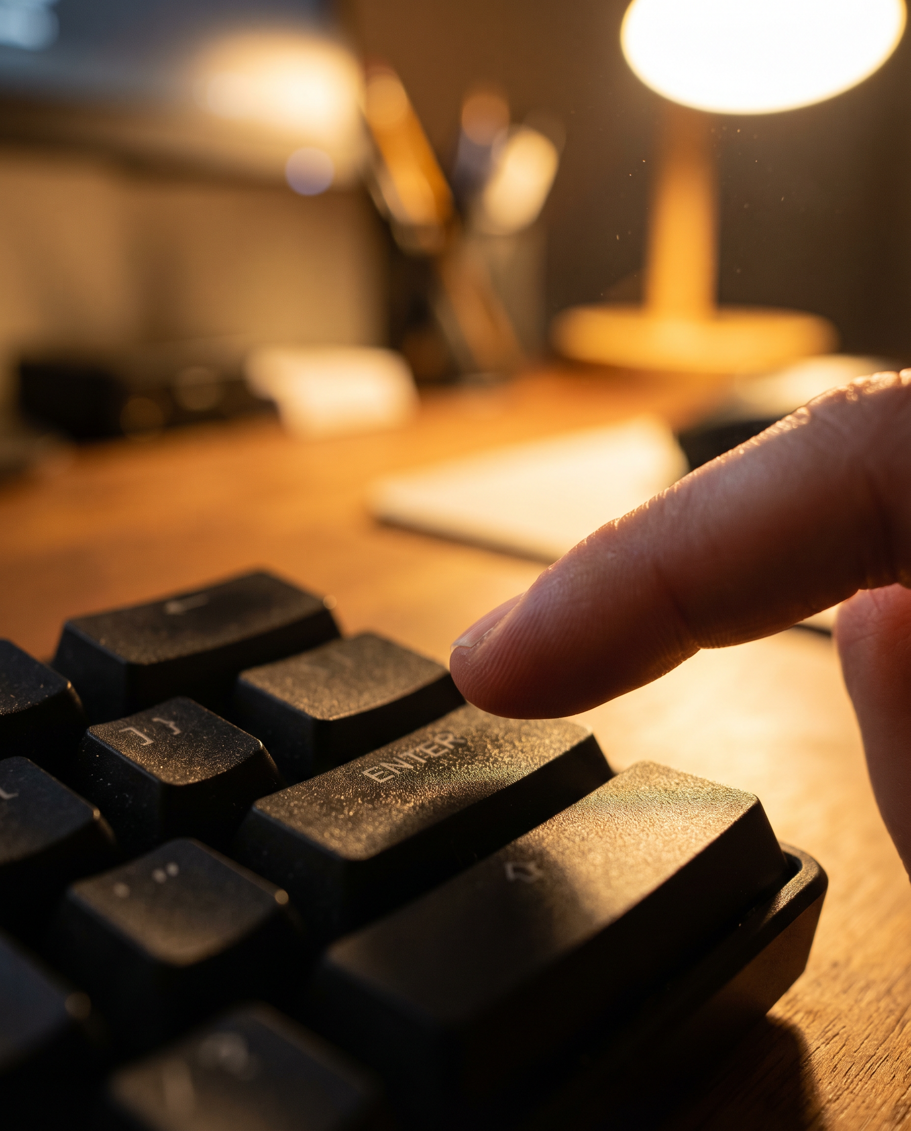 Photorealistic editorial photograph: extreme close-up macro shot of human hand hovering over mechanical keyboard, finger poised above enter key in moment of hesitation, warm desk lamp creating dramati