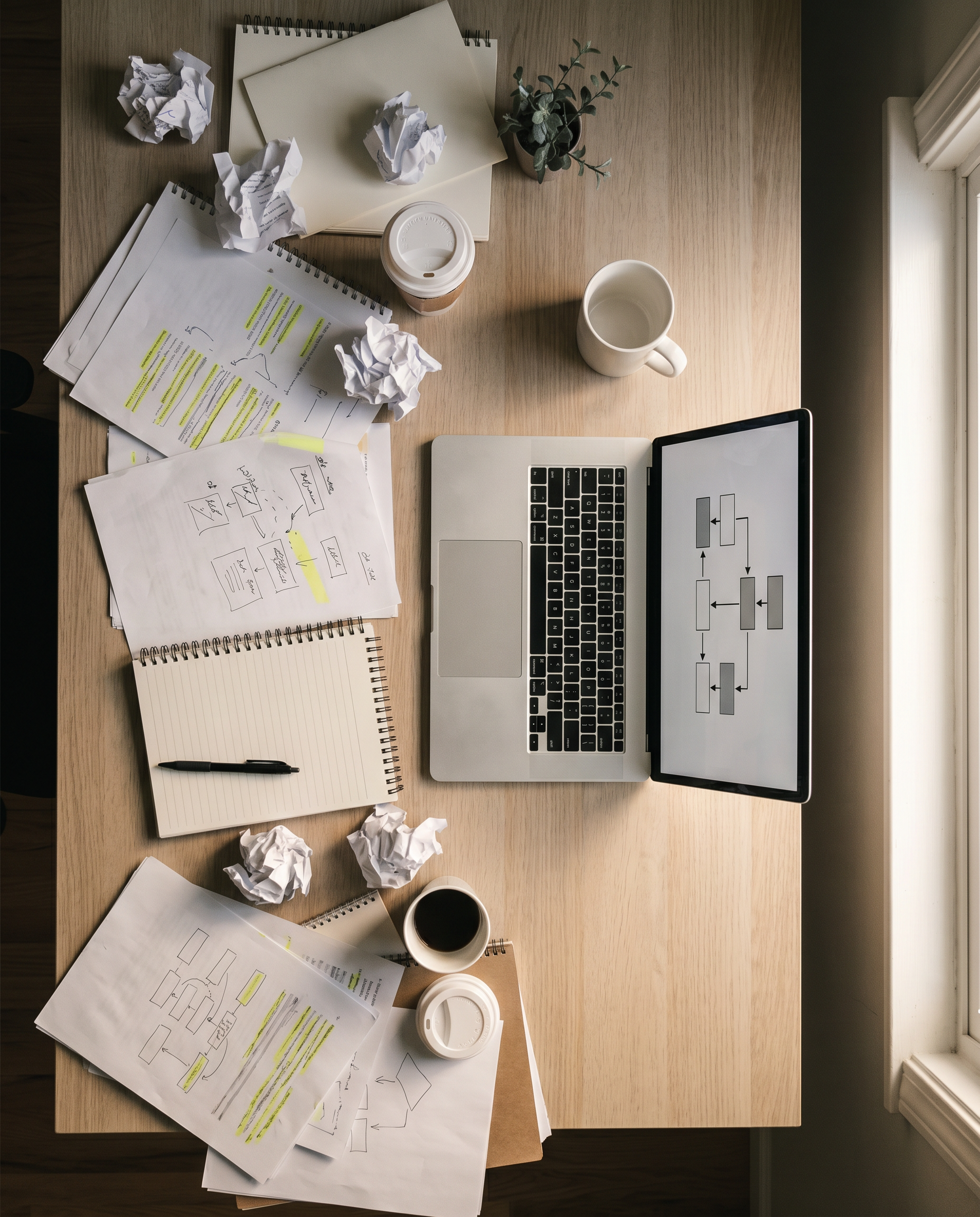 Photorealistic editorial photograph: split-screen workspace wide shot showing contrast, left side cluttered desk with printed competitor articles scattered and highlighted in yellow, right side clean
