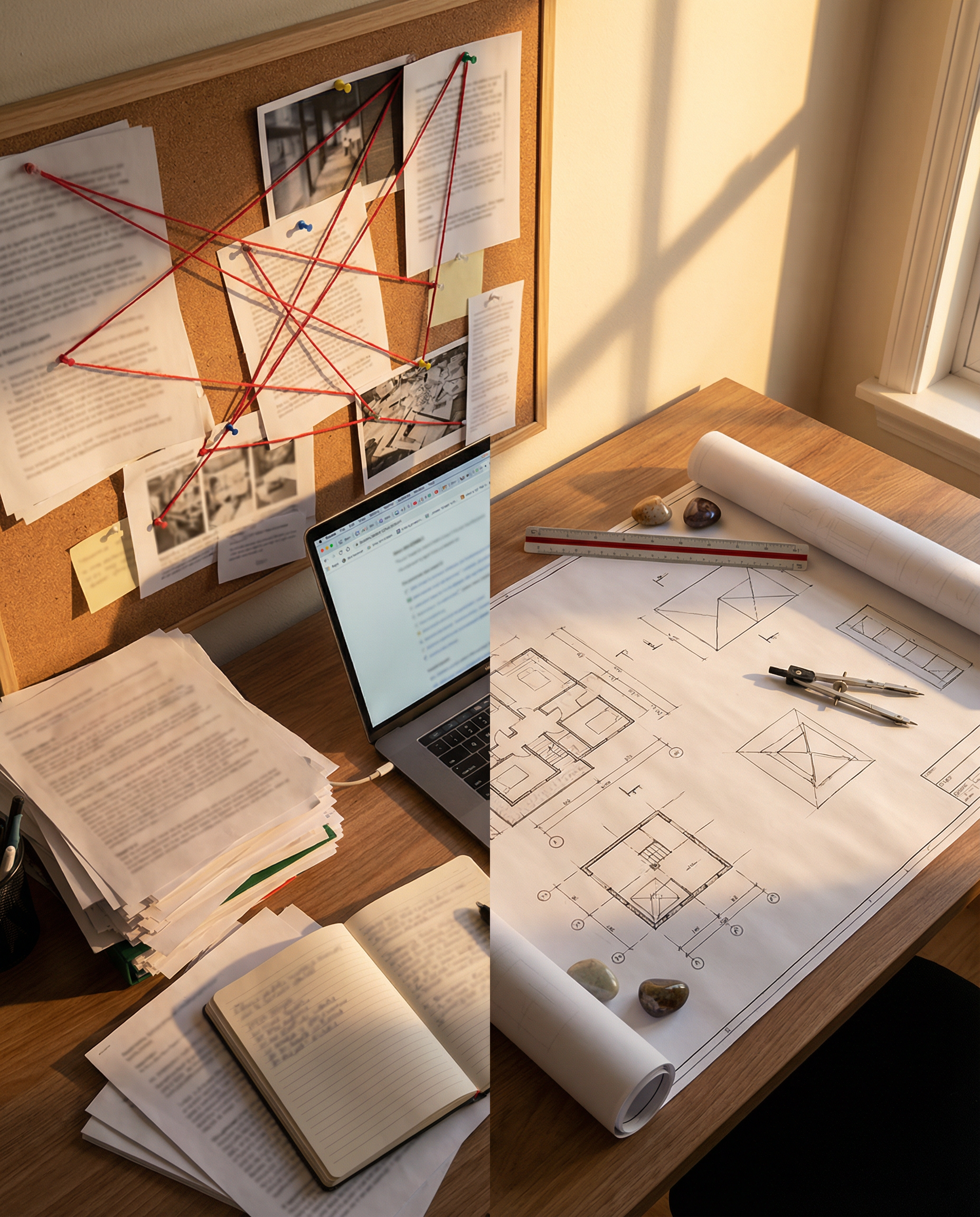 Photorealistic editorial photograph: split-screen workspace scene showing side-by-side comparison, left half displays chaotic browser tabs and messy competitor research printouts pinned to wall with r