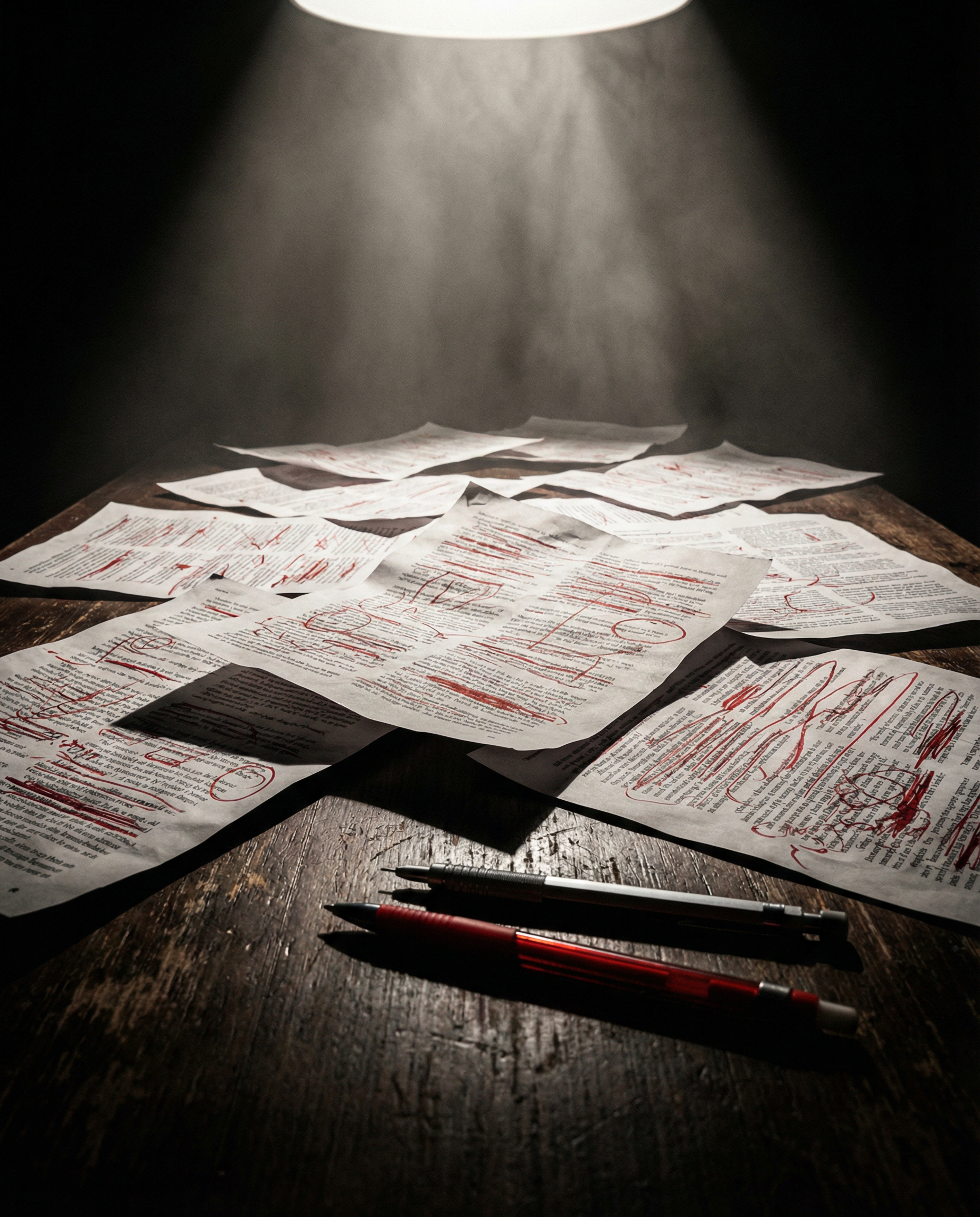 Photorealistic editorial photograph: dramatic low angle shot of printed article pages scattered on dark wooden table with red correction marks and strikethroughs, harsh overhead spotlight creating str