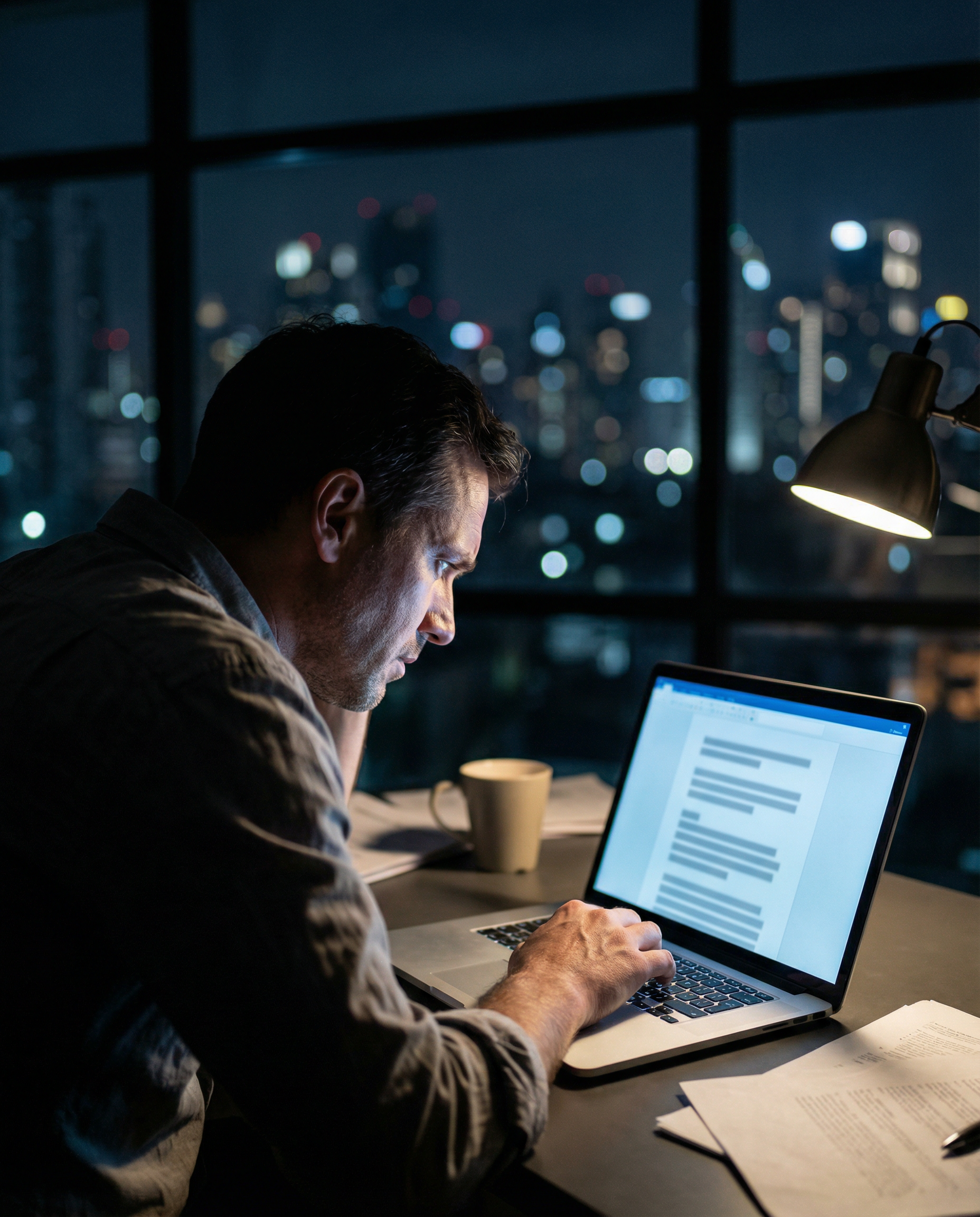 Photorealistic editorial photograph: frustrated marketing manager in dimly lit office at night, pressing enter key on laptop with disappointed expression, screen glow illuminating face with cool blue