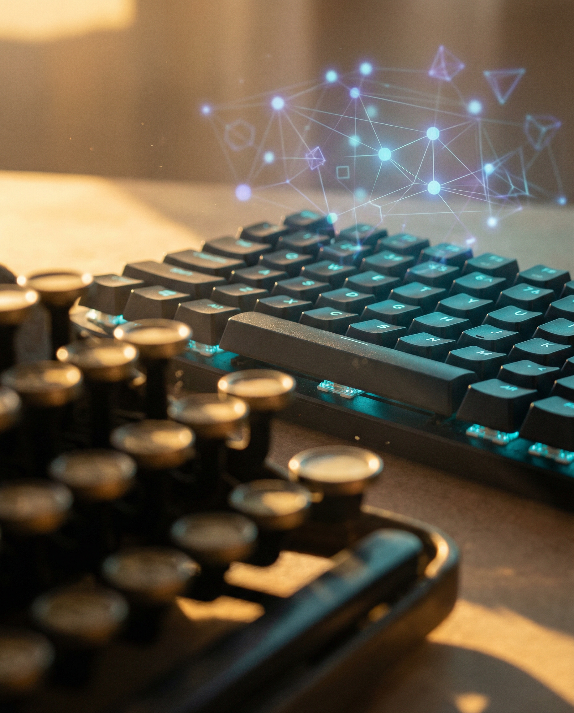 Photorealistic editorial close-up photograph: extreme macro detail of mechanical typewriter keys in foreground out of focus, transitioning to sharp focus on modern backlit keyboard in middle ground, h