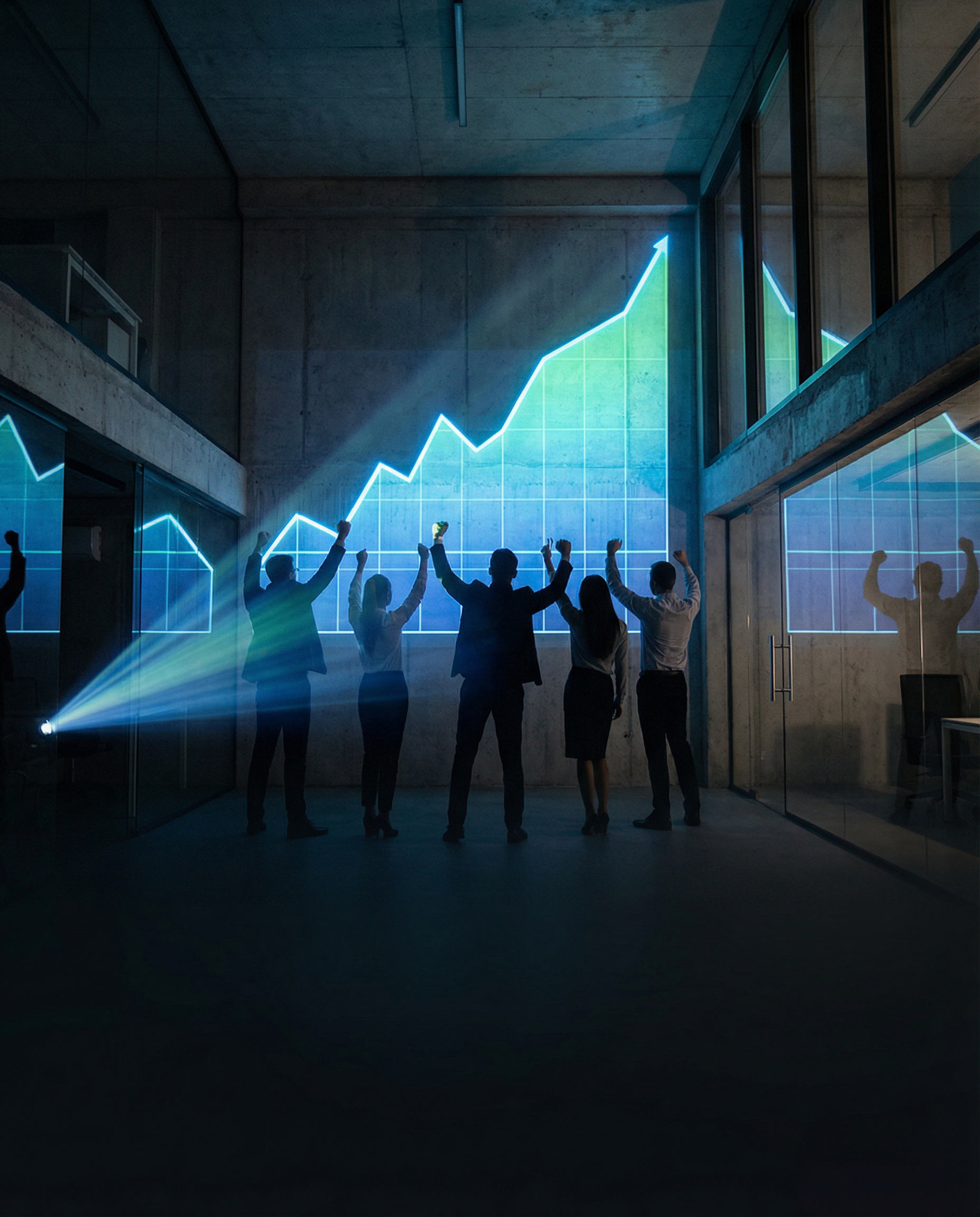 Photorealistic editorial photograph: dramatic upward trending analytics graph projected onto wall of modern agency office, silhouettes of small team celebrating with raised arms in foreground, volumet