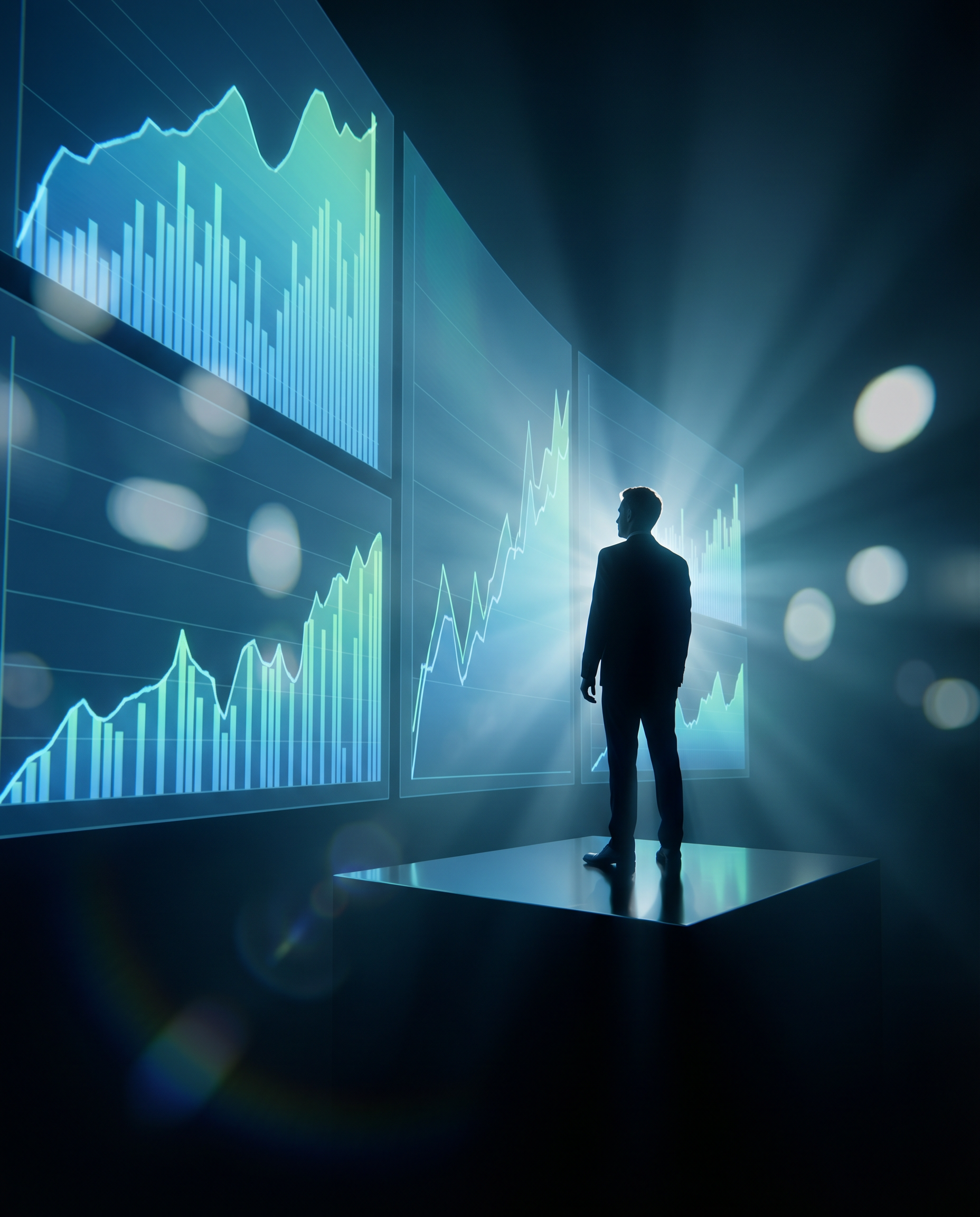 Photorealistic editorial photograph: dramatic low-angle shot of businessman's silhouette standing before massive floor-to-ceiling screen wall displaying rising organic traffic graphs and SERP position