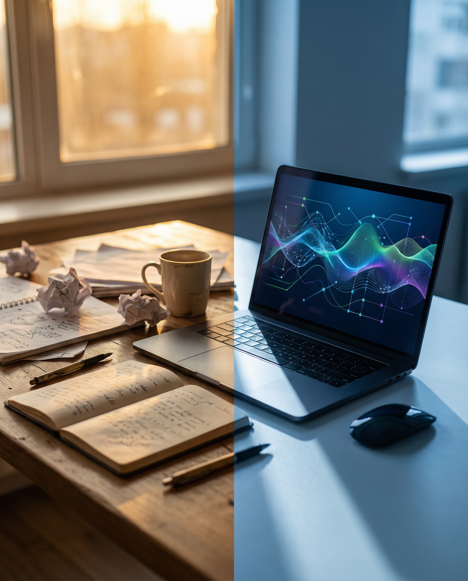 Photorealistic editorial photograph: split-screen composition showing cluttered desk with handwritten notes and crossed-out keyword lists on left side, contrasted with sleek laptop displaying real-tim