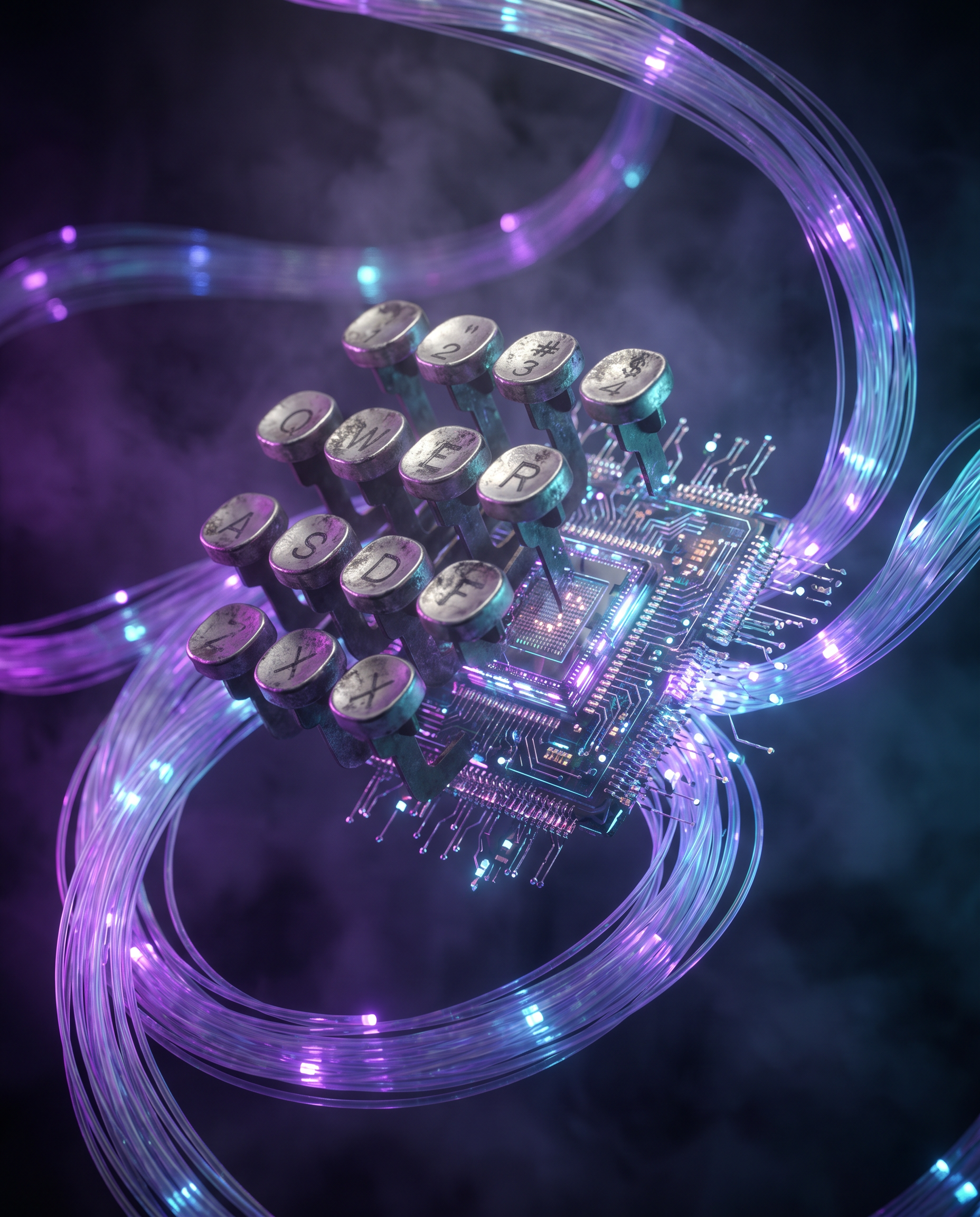 Photorealistic editorial macro photograph: extreme close-up of mechanical typewriter keys morphing into illuminated AI processor chip in center of frame, surrounded by flowing fiber optic cables carry