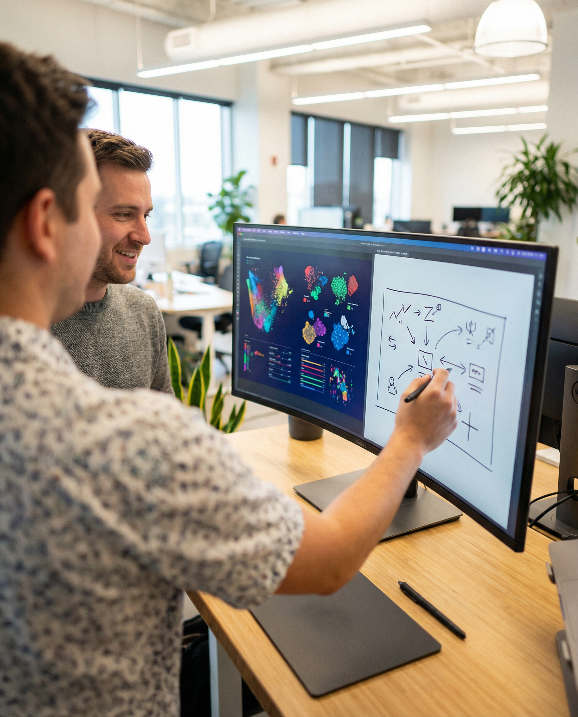 Photorealistic editorial photograph: over-the-shoulder shot of two people at standing desk, one pointing at large monitor displaying side-by-side content analysis with AI-generated semantic clusters a
