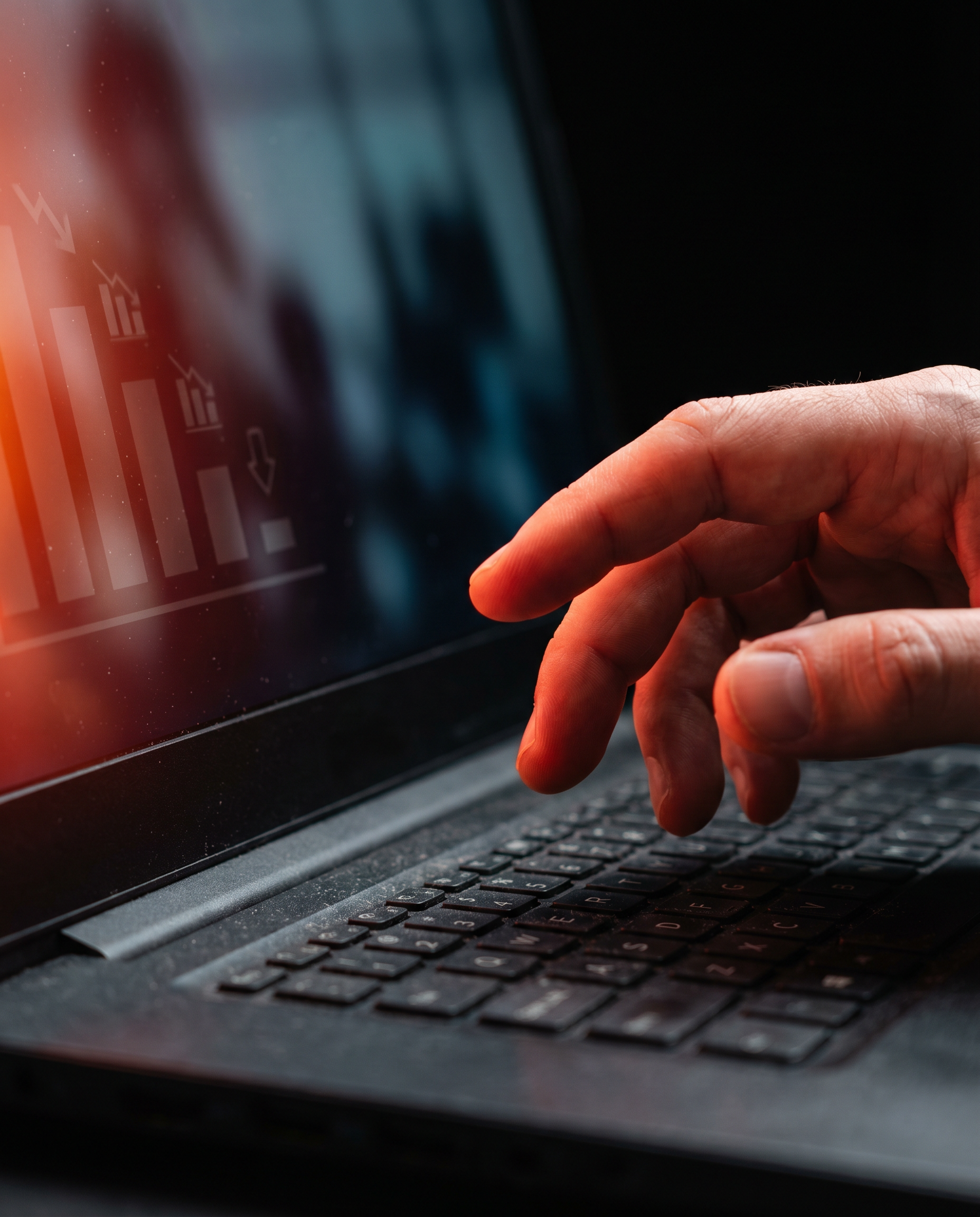 Photorealistic editorial close-up: human hand hovering over laptop keyboard frozen mid-keystroke, screen reflection visible in glossy surface showing Google search results page with rankings dropping