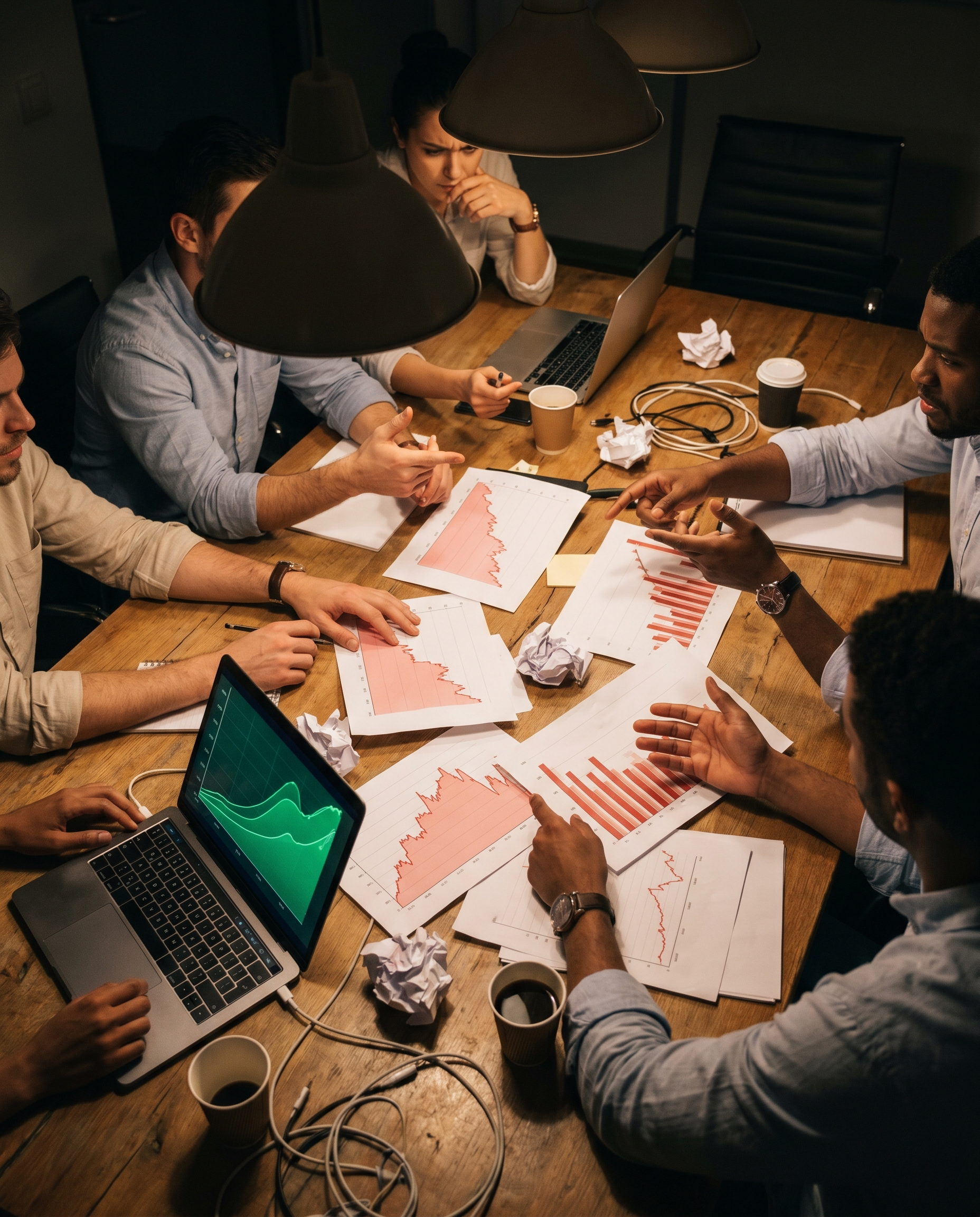 Photorealistic editorial photograph: tense overhead shot of marketing agency war room table, scattered printed Google Analytics reports showing declining traffic graphs in red, one laptop open display