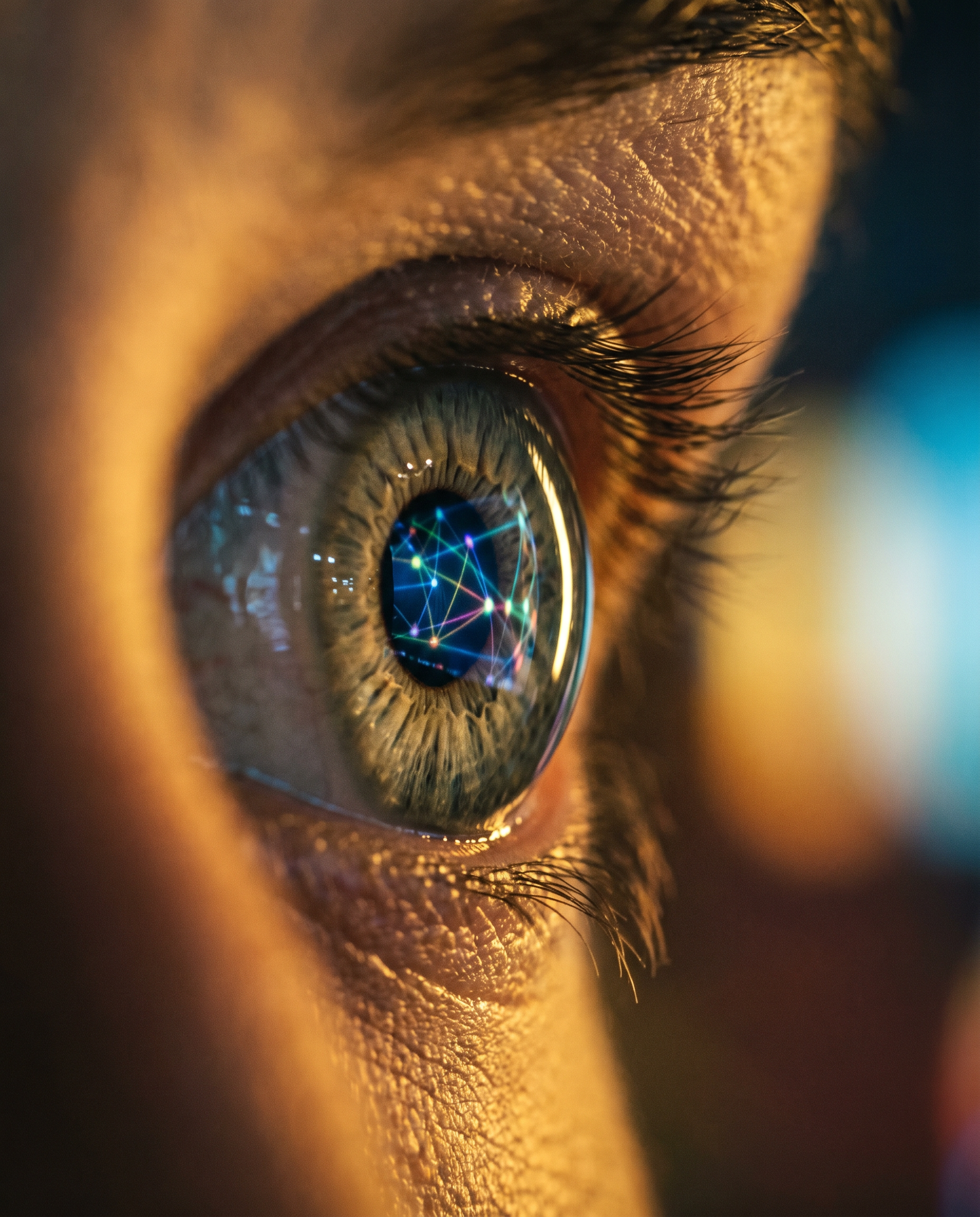 Photorealistic close-up editorial photograph: macro shot of computer screen reflecting in human eye, pupil dilated, screen shows cascading colorful semantic keyword networks and connection nodes, warm