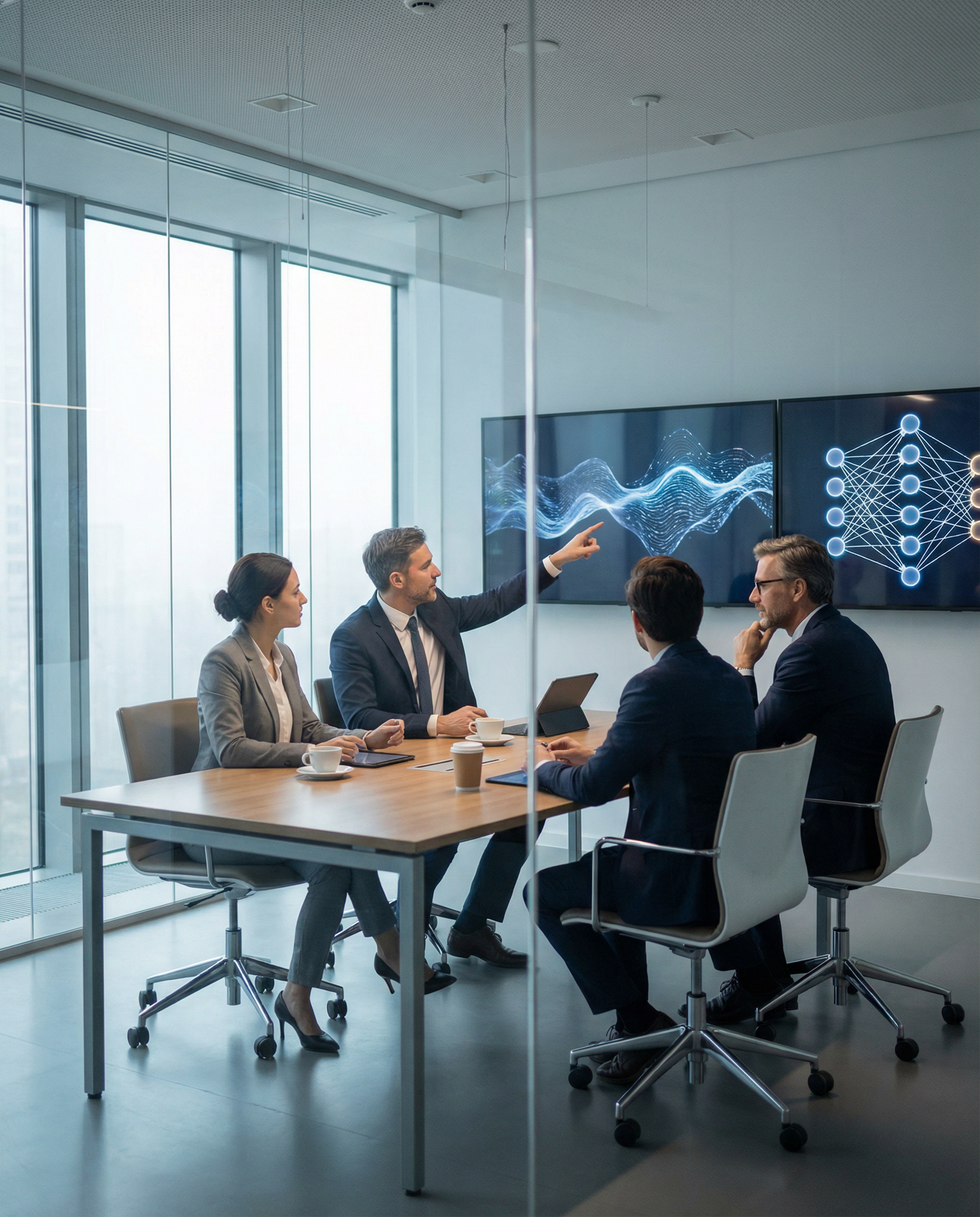 Scene of AWS executives in a high-tech conference room, discussing strategies with visuals of AI models projected on screens