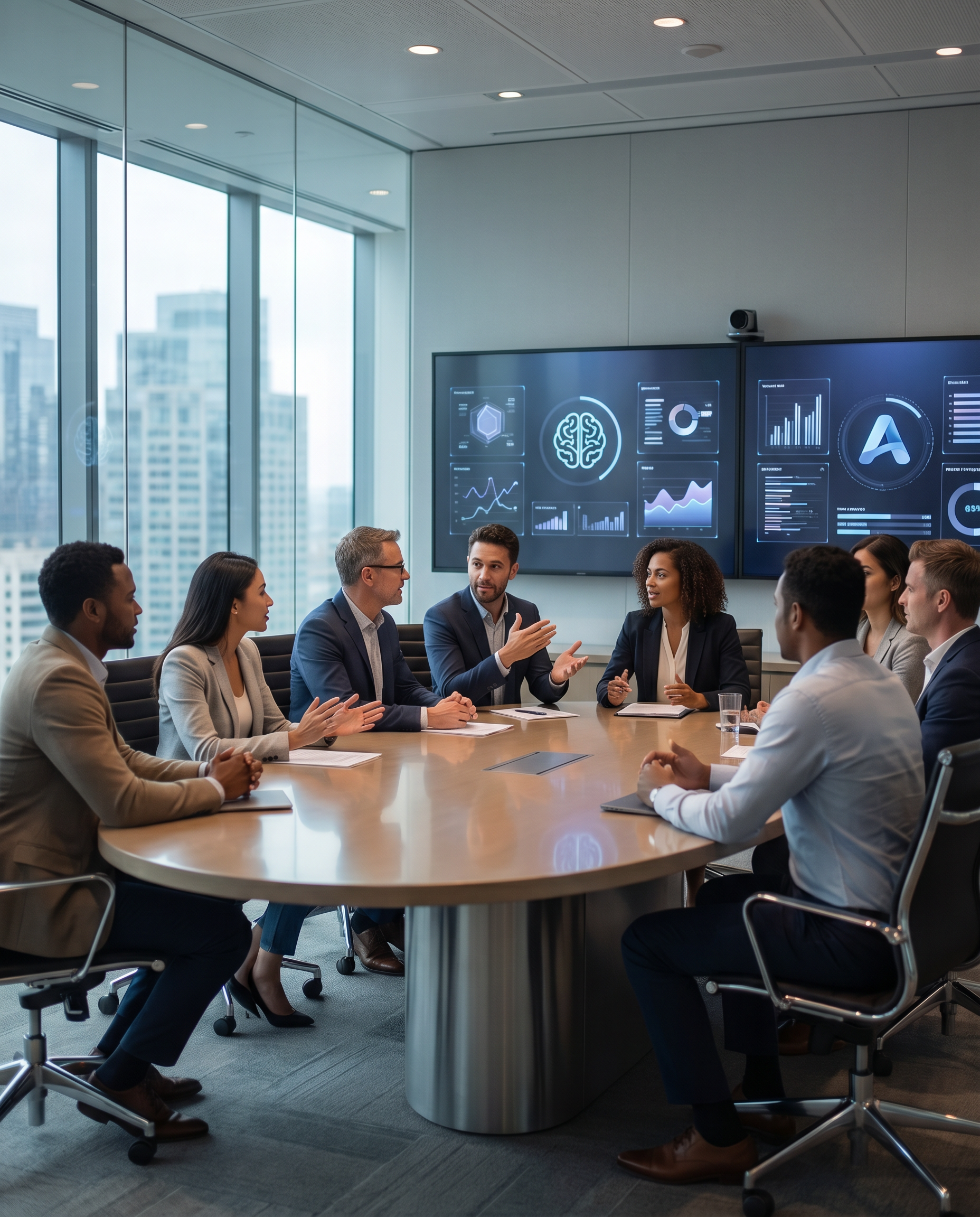Scene of AWS executives in a high-tech boardroom discussing AI strategies, with screens displaying logos of Anthropic and OpenAI in the background.
