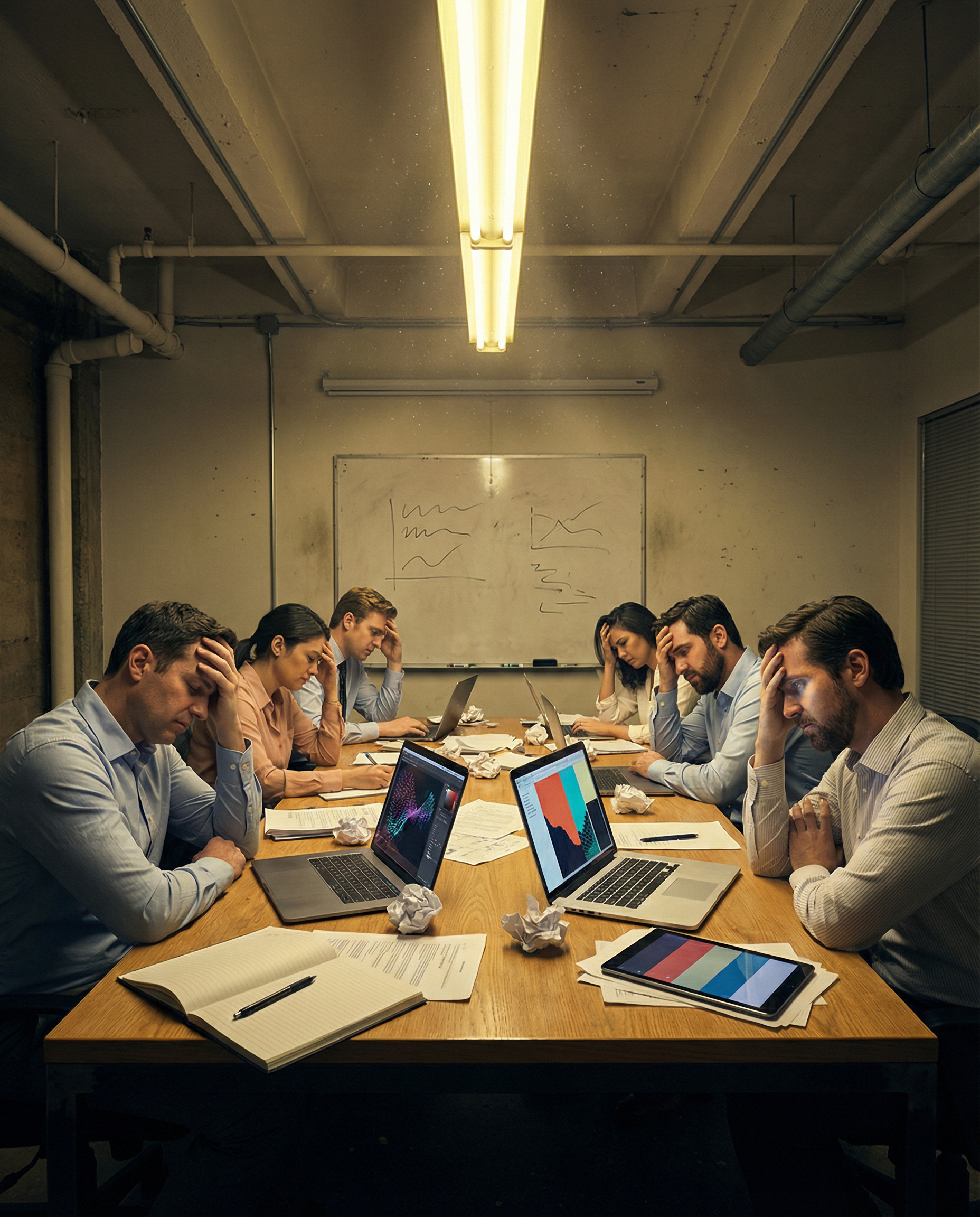 Photorealistic editorial photograph: wide establishing shot of content team war room with six department heads seated around conference table, each reviewing different devices showing conflicting bran