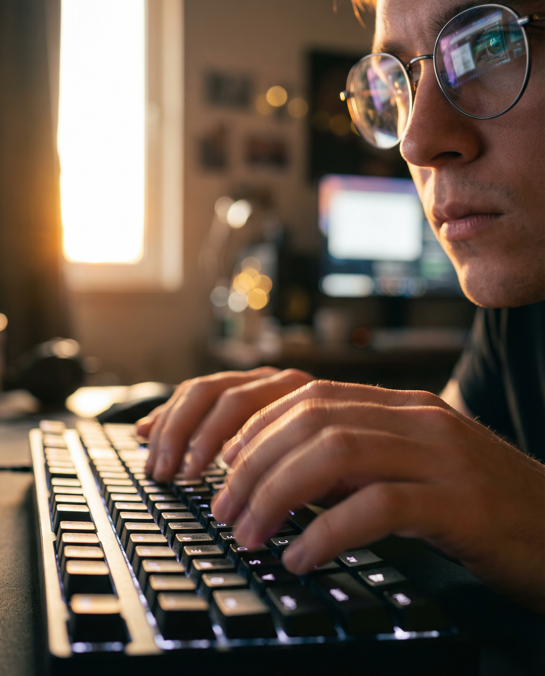 Photorealistic editorial photograph: extreme close-up of human hands typing rapidly on backlit keyboard in dimly lit room, multiple browser tabs reflected in person's glasses showing AI interface wind