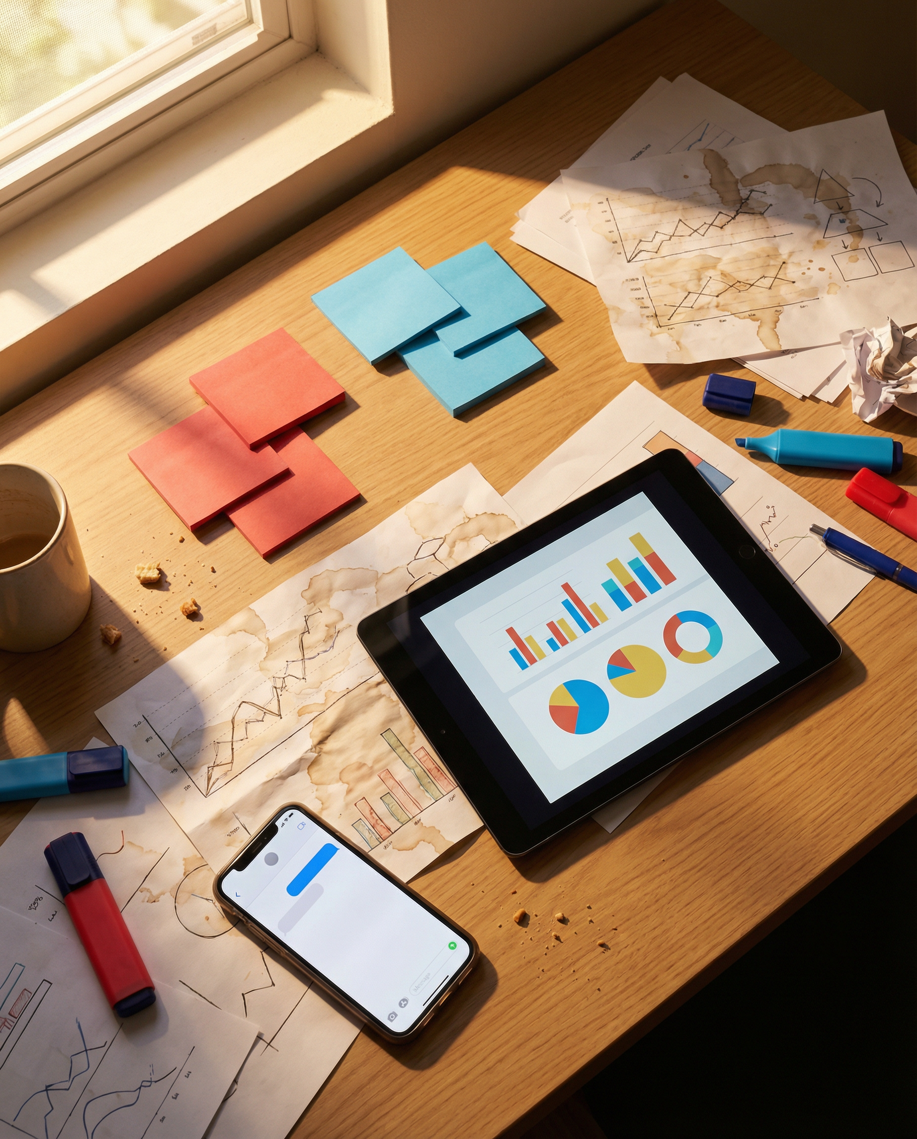Photorealistic editorial photograph: overhead flat-lay of messy content strategist desk covered with printed comparison charts, sticky notes arranged in two distinct groups, red and blue highlighters,