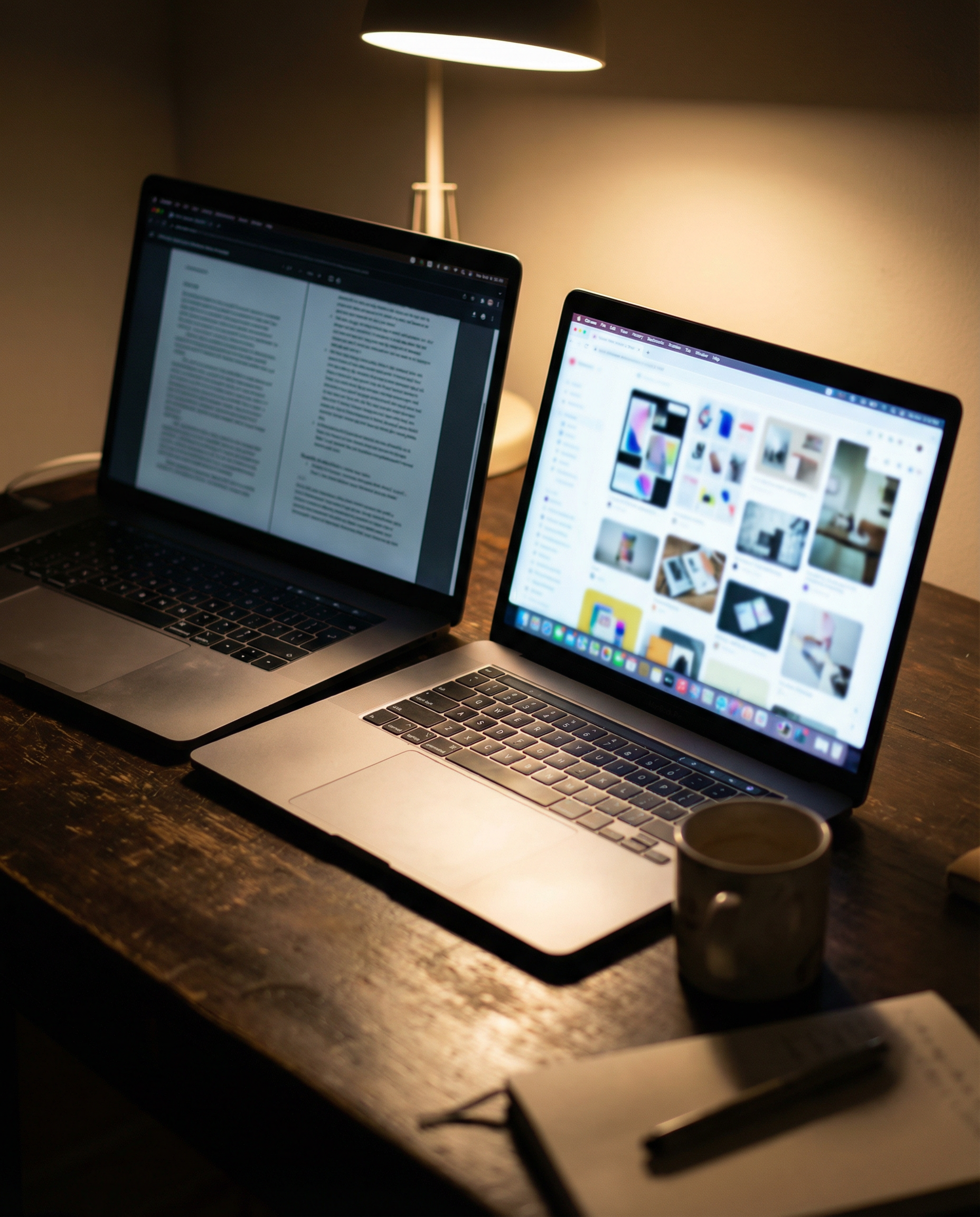 Photorealistic editorial photograph: split-screen workspace showing two laptop screens side-by-side on dark wooden desk, left screen displays long-form analytical text with deep paragraph structure, r