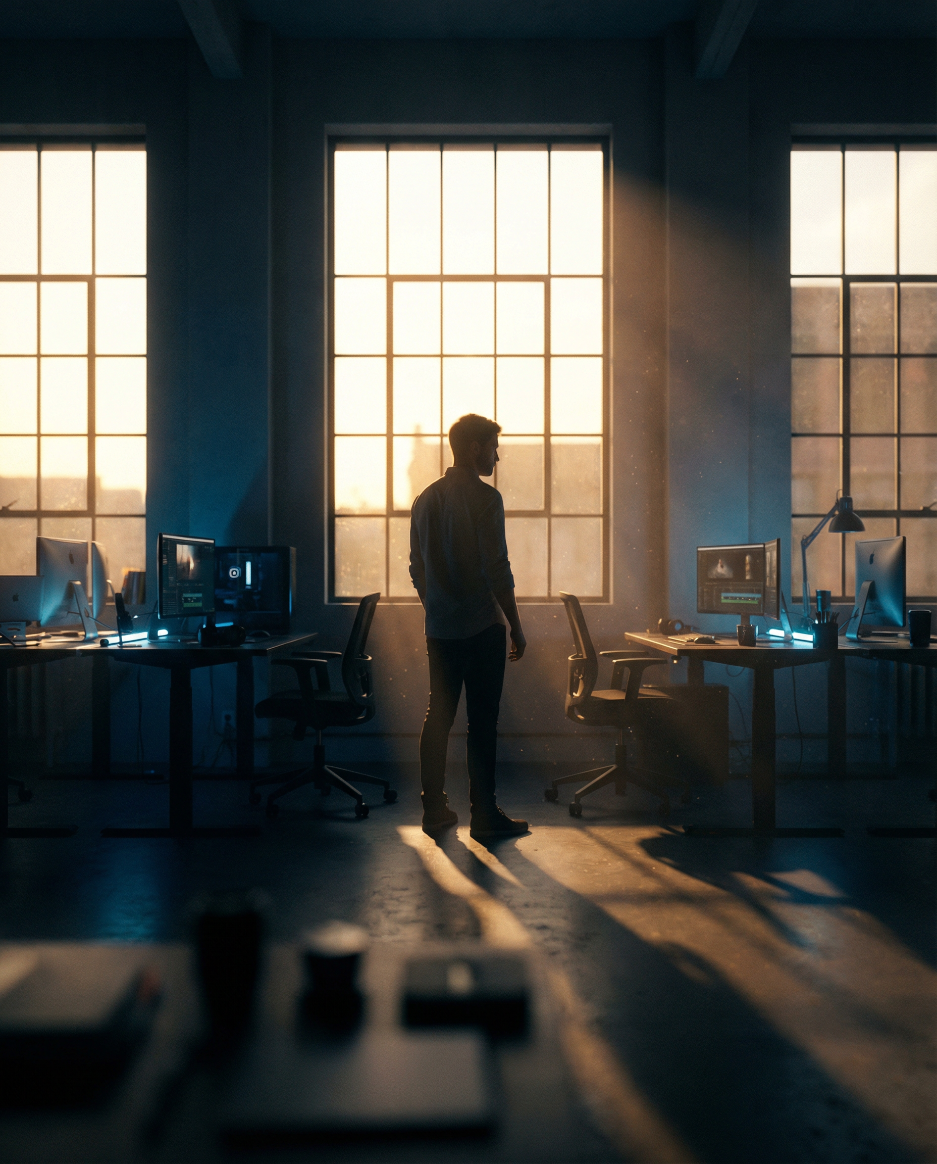 Photorealistic editorial photograph: tense wide shot of modern content studio with two workstations facing each other across room, lone content manager standing in center looking between both setups c