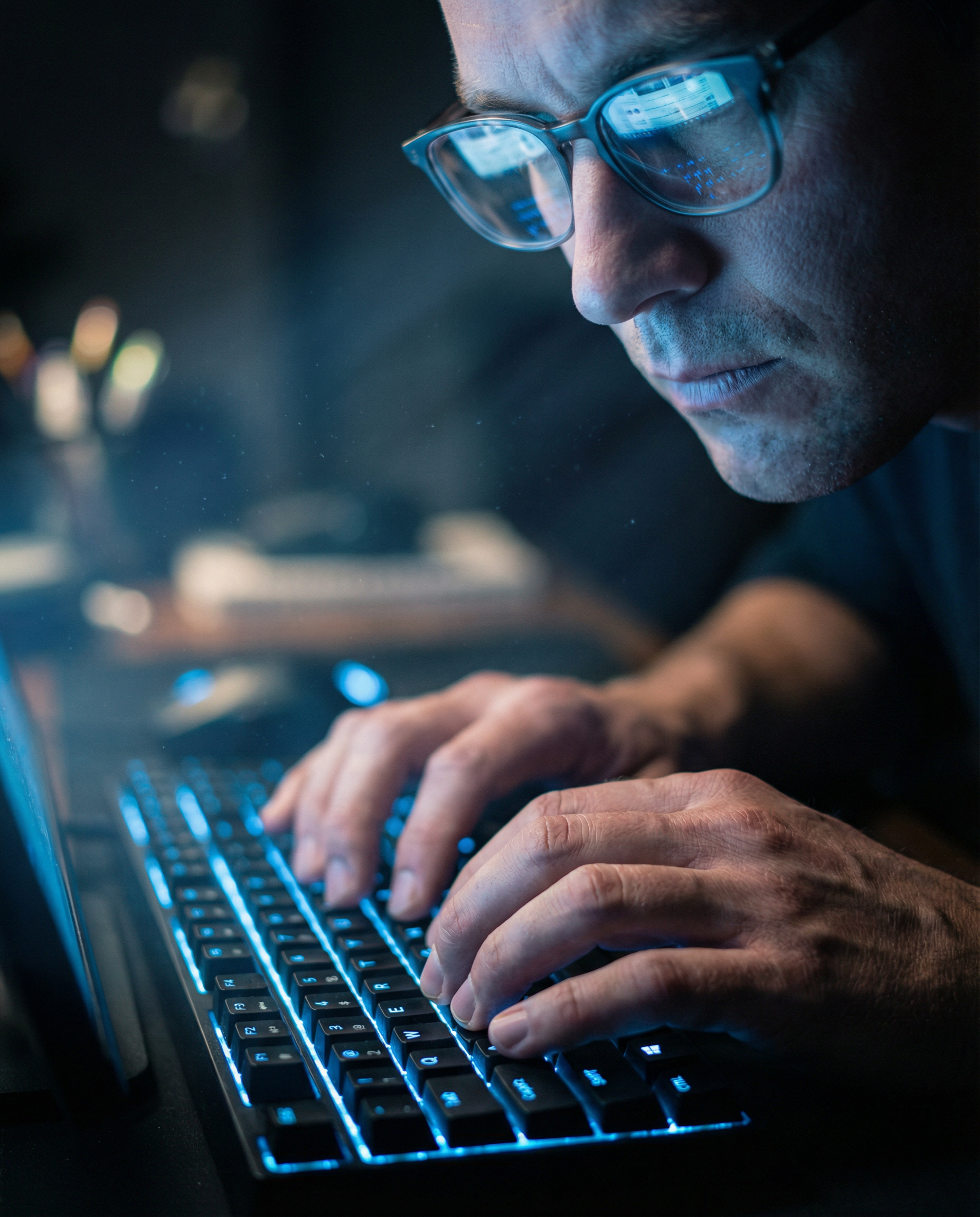 Photorealistic editorial photograph: extreme close-up of hands typing rapidly on backlit keyboard in dim room, multiple browser tabs reflected in glasses of content creator leaning close to screen, in