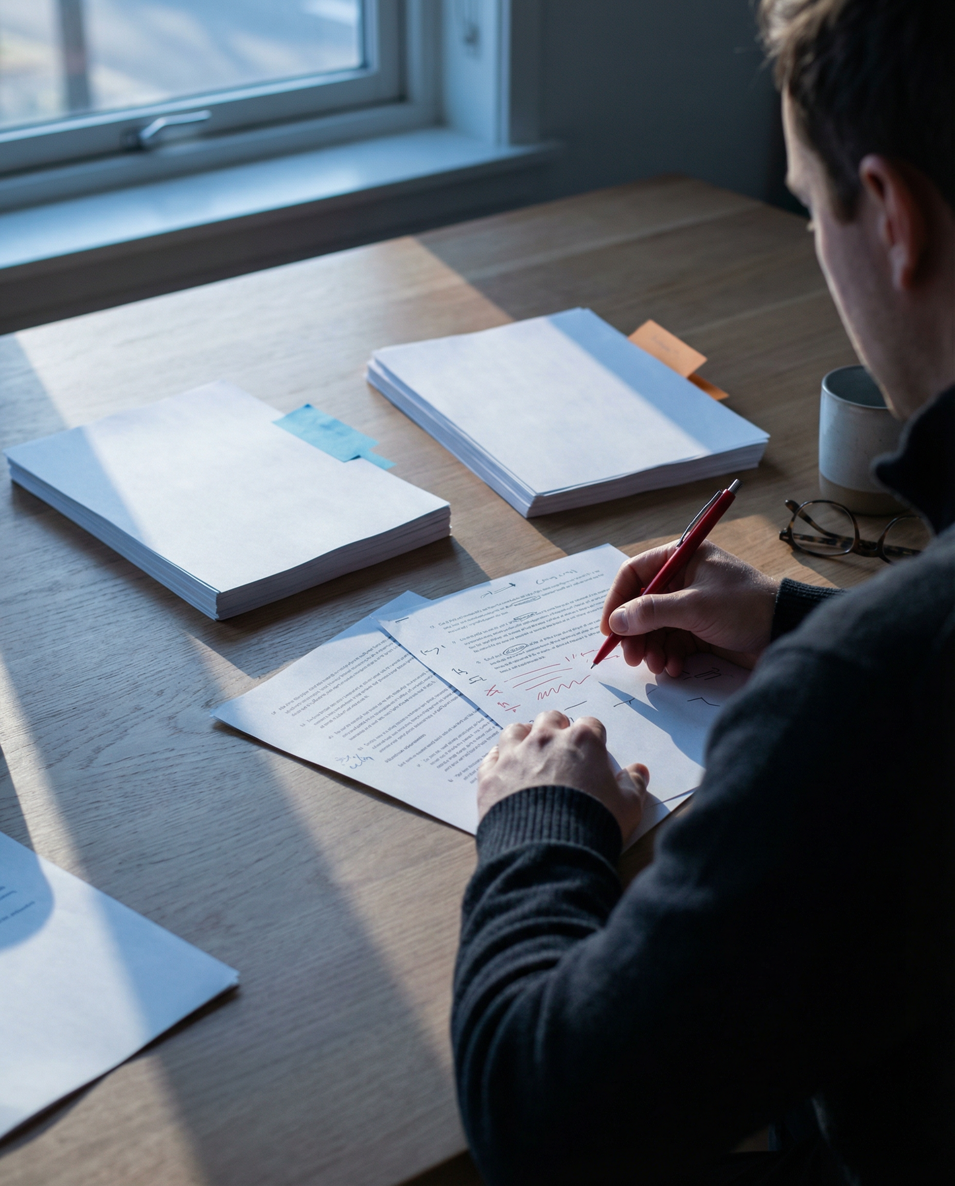 Photorealistic editorial photograph: over-the-shoulder shot of content manager reviewing printed article pages spread across large desk, red pen marking corrections and notes, one stack labeled with b