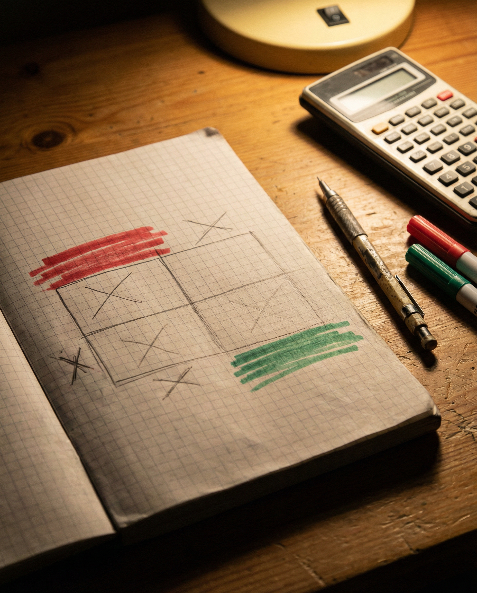 Photorealistic editorial photograph: close-up of handwritten priority matrix grid on graph paper, keywords written in cells ranked by conversion potential not volume, red and green markers indicate hi