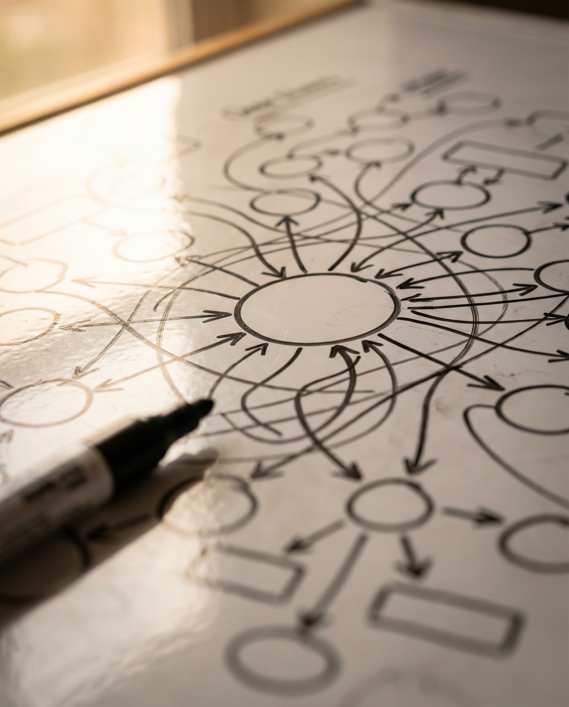 Photorealistic editorial photograph: extreme close-up macro shot of hand-drawn mind map on large whiteboard, one central question branches into dozens of connected questions written in marker, shallow