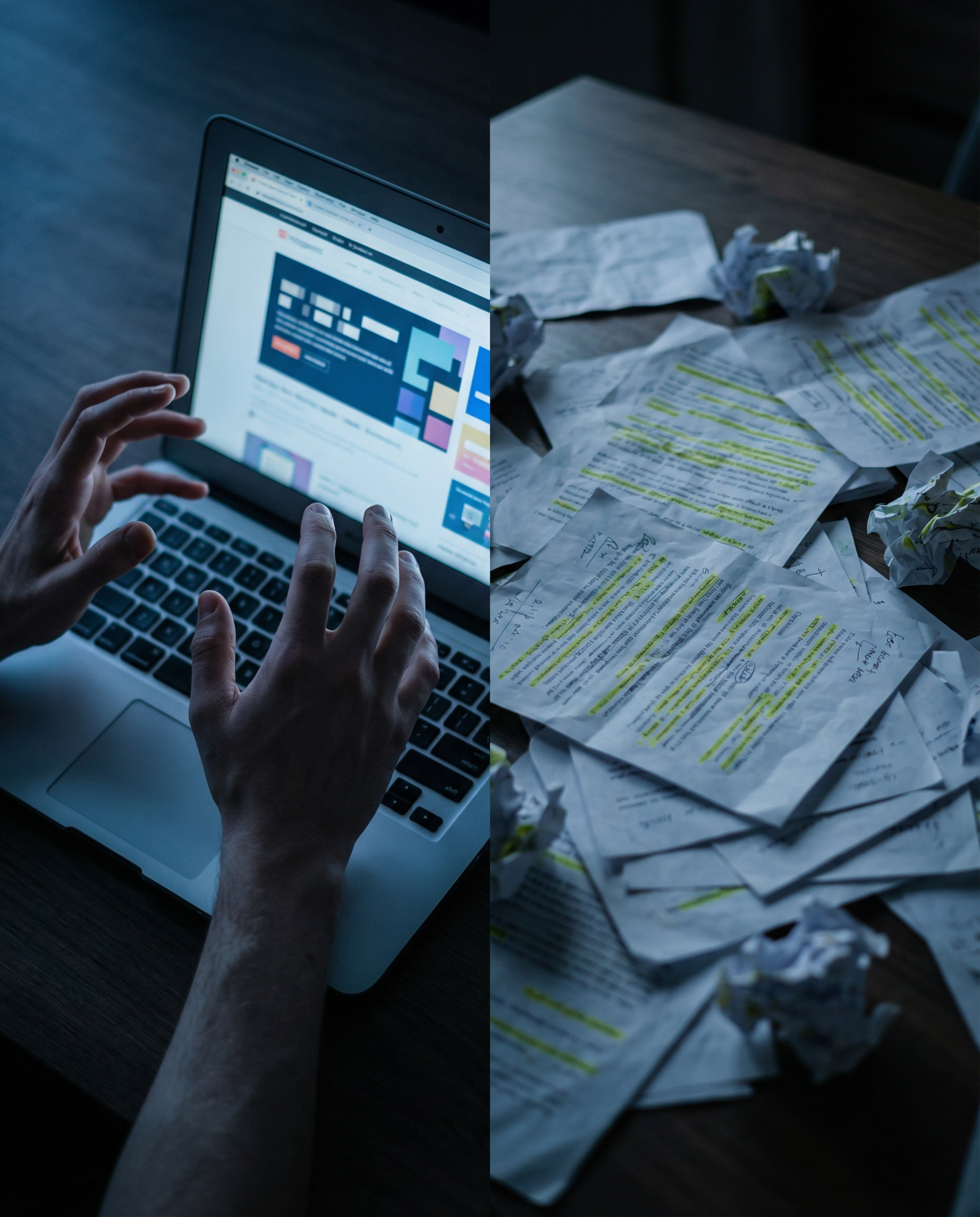 Photorealistic editorial photograph: split-screen composition showing competitive gap analysis, left side displays a frustrated marketer's hands hovering over laptop keyboard with competitor website v