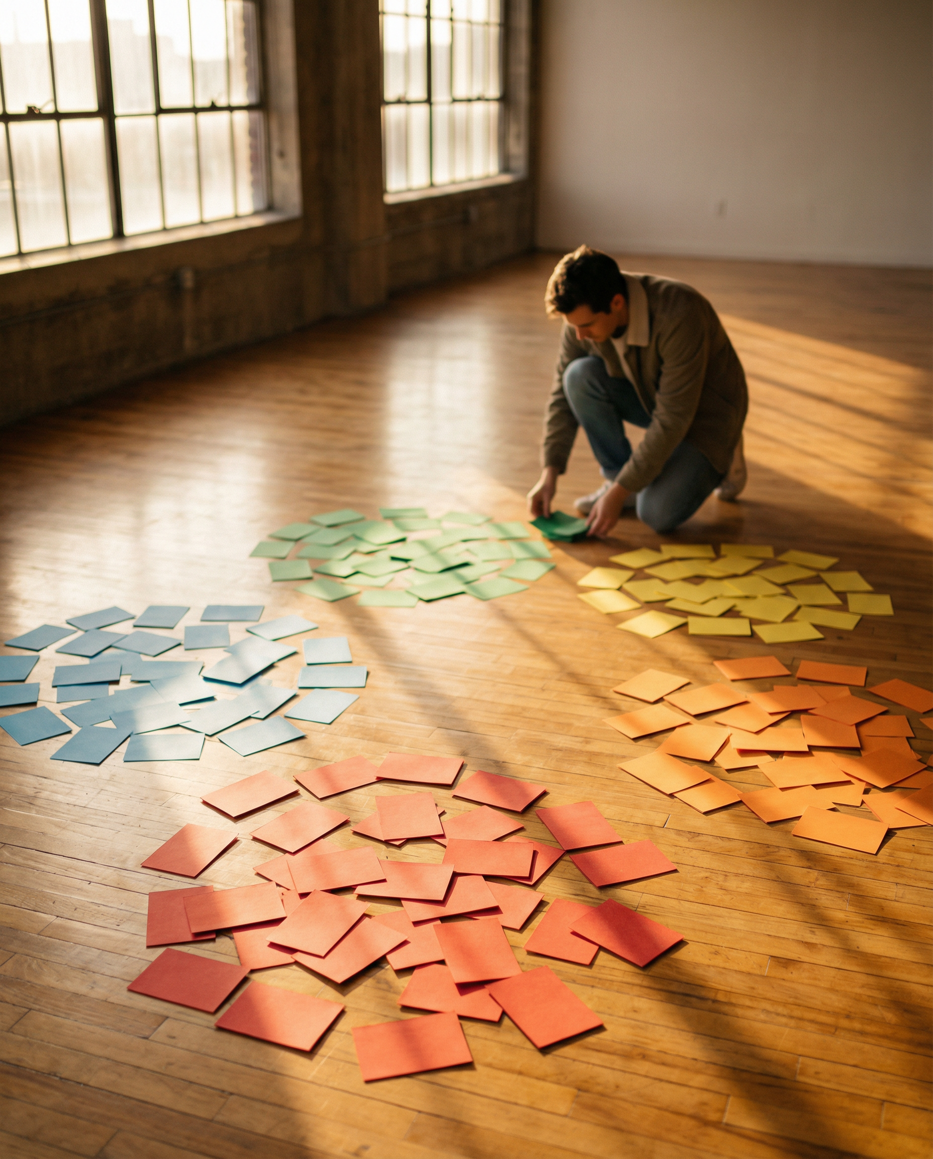 Photorealistic editorial photograph: wide establishing shot of floor covered with hundreds of printed keyword cards being sorted into five distinct color-coded clusters, marketer kneeling on ground ar