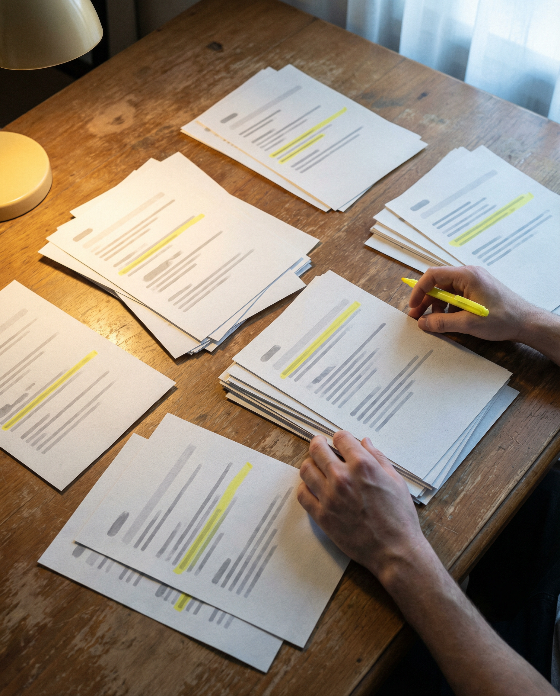 Photorealistic editorial photograph: overhead flat-lay of printed search results pages scattered across wooden desk, yellow highlighter marks revealing patterns of user intent, hands arranging pages i