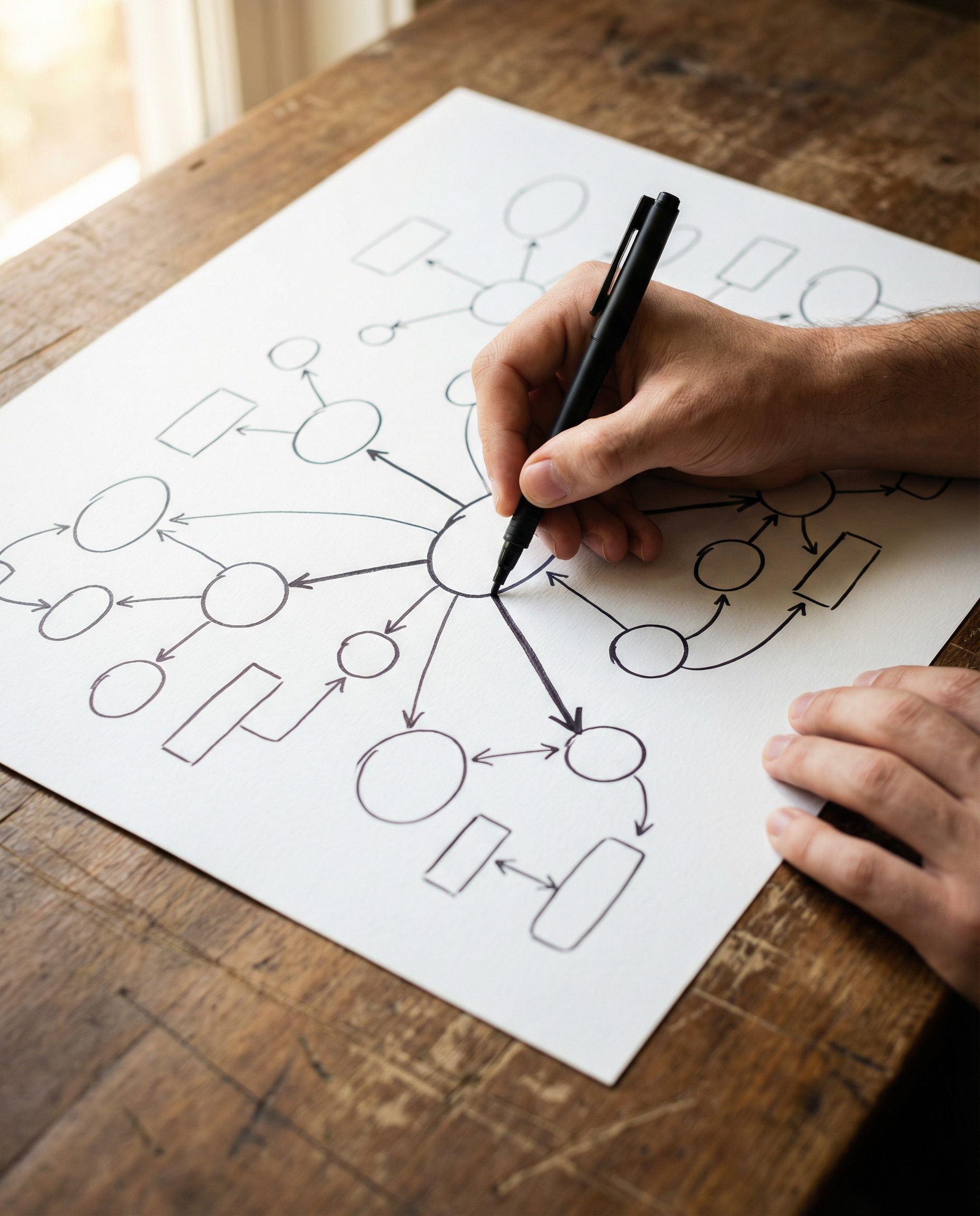 Photorealistic editorial photograph: close-up macro shot of hands writing branching question map on large white paper spread across wooden desk, one central question in center with arrows expanding ou