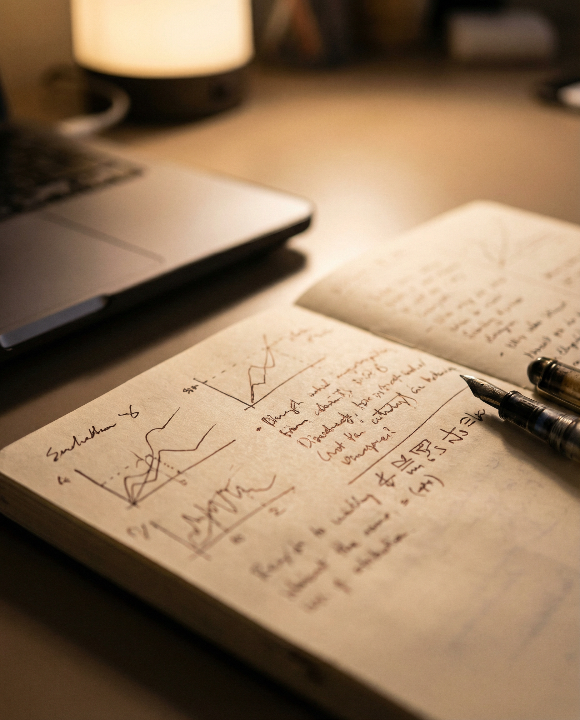 Photorealistic editorial photograph: tight macro shot of notebook page filled with handwritten research notes, proprietary data graphs, and customer quotes, lying open beside closed laptop, fountain p