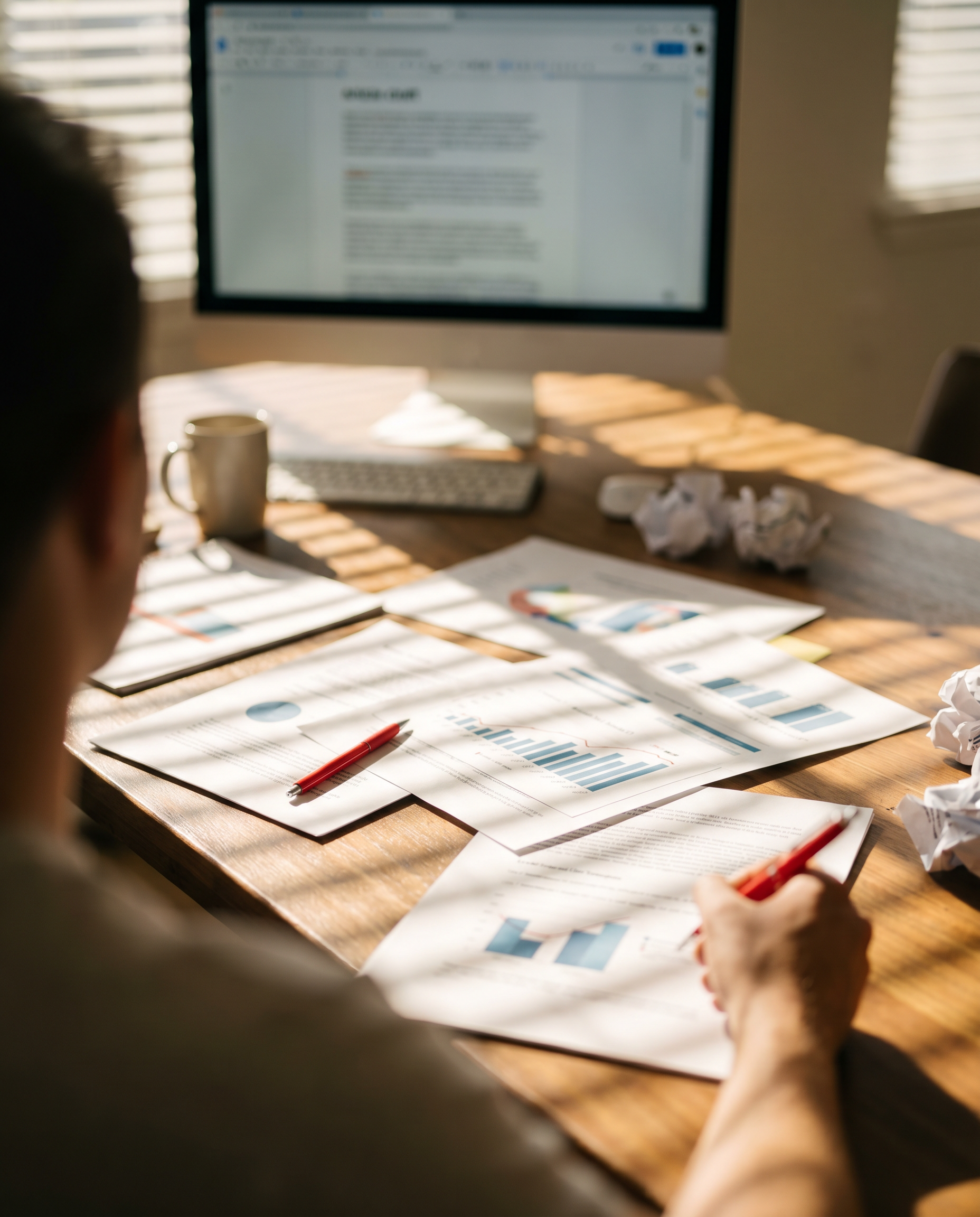 Photorealistic editorial photograph: over-the-shoulder view of content marketer reviewing printed analytics reports spread across conference table, red pen marking specific data points, second monitor