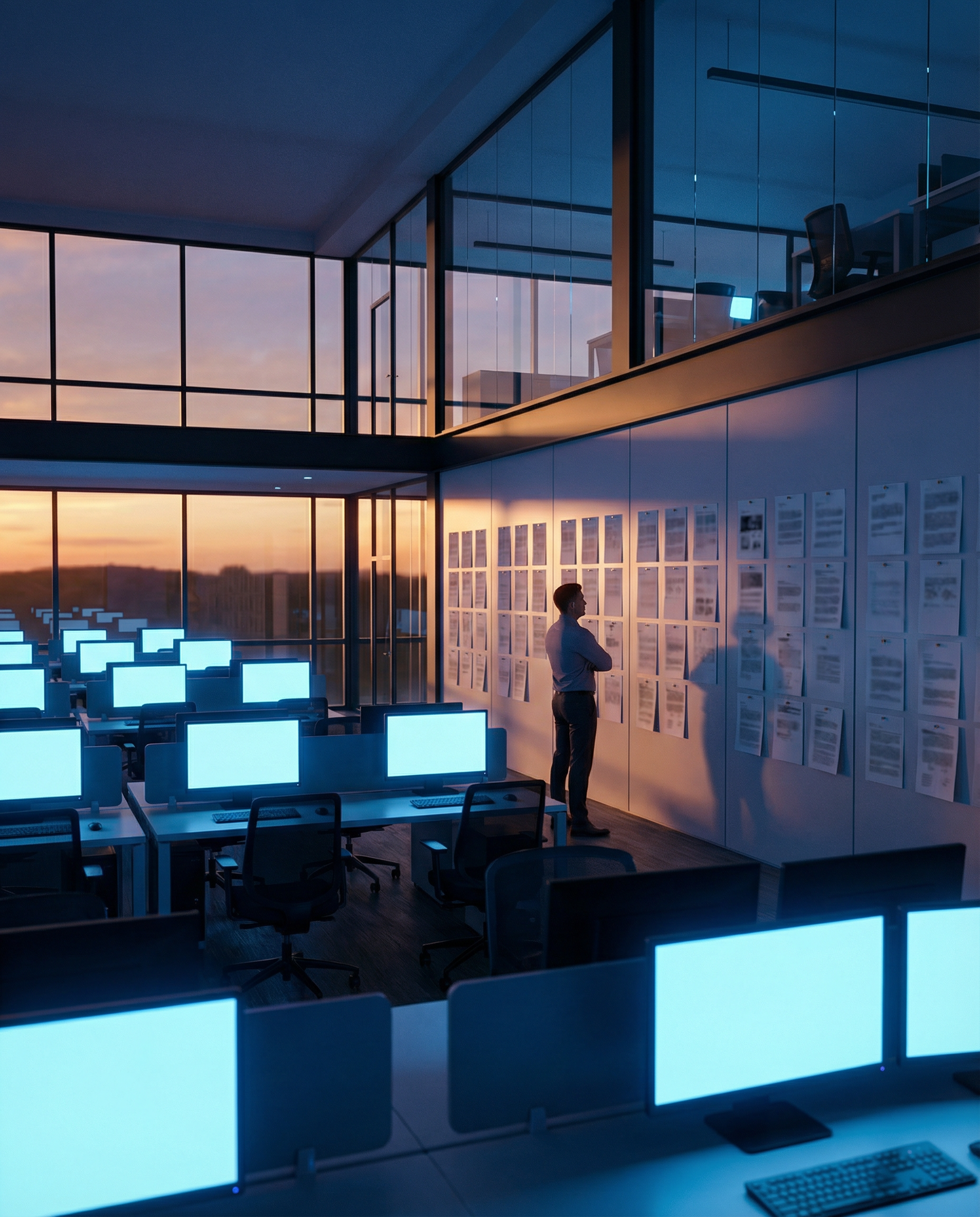 Photorealistic editorial wide shot: modern open-plan office at dusk with multiple workstations glowing in blue screen light, wall covered in printed article drafts pinned in organized rows showing vol