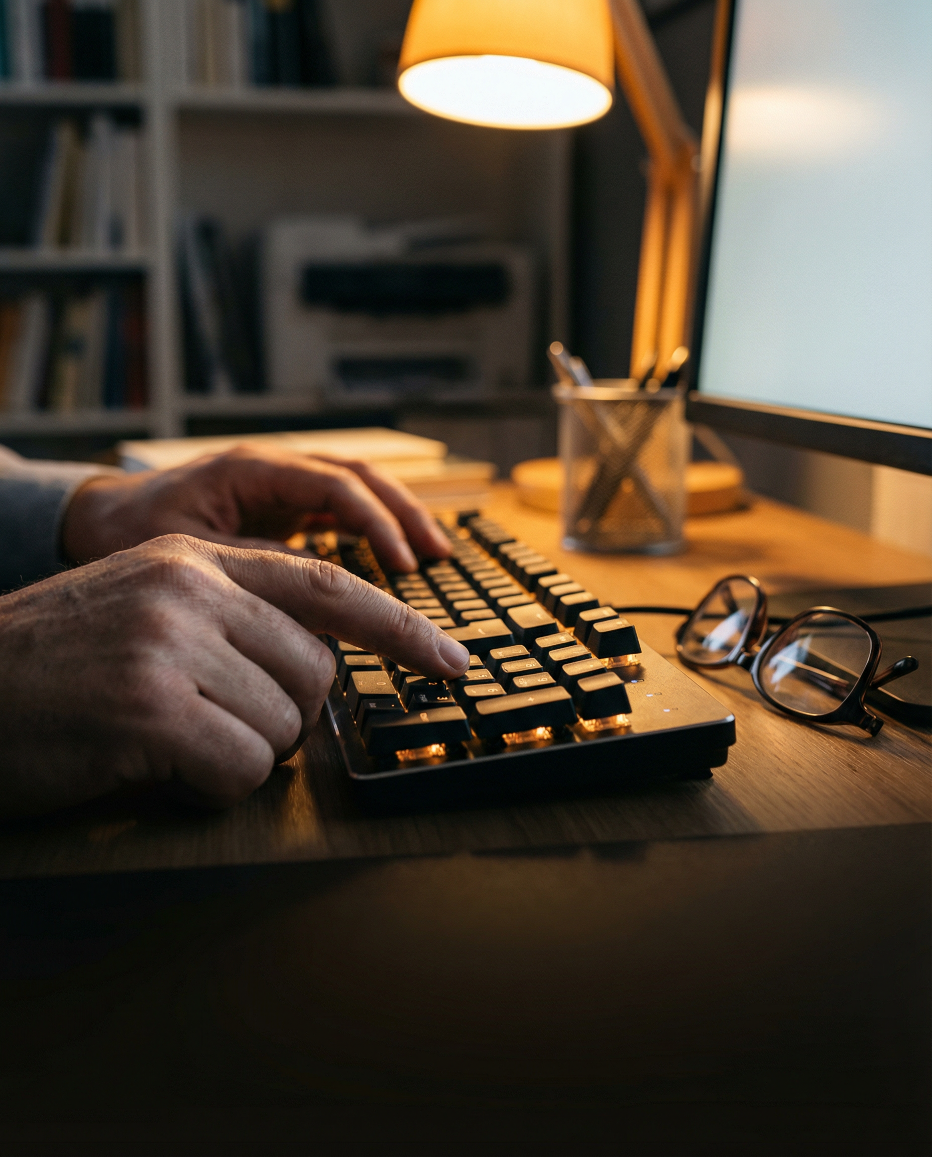 Photorealistic editorial close-up: hands hovering over backlit keyboard in dim office, one finger poised to press enter key, computer screen reflecting in reading glasses resting beside laptop, warm a