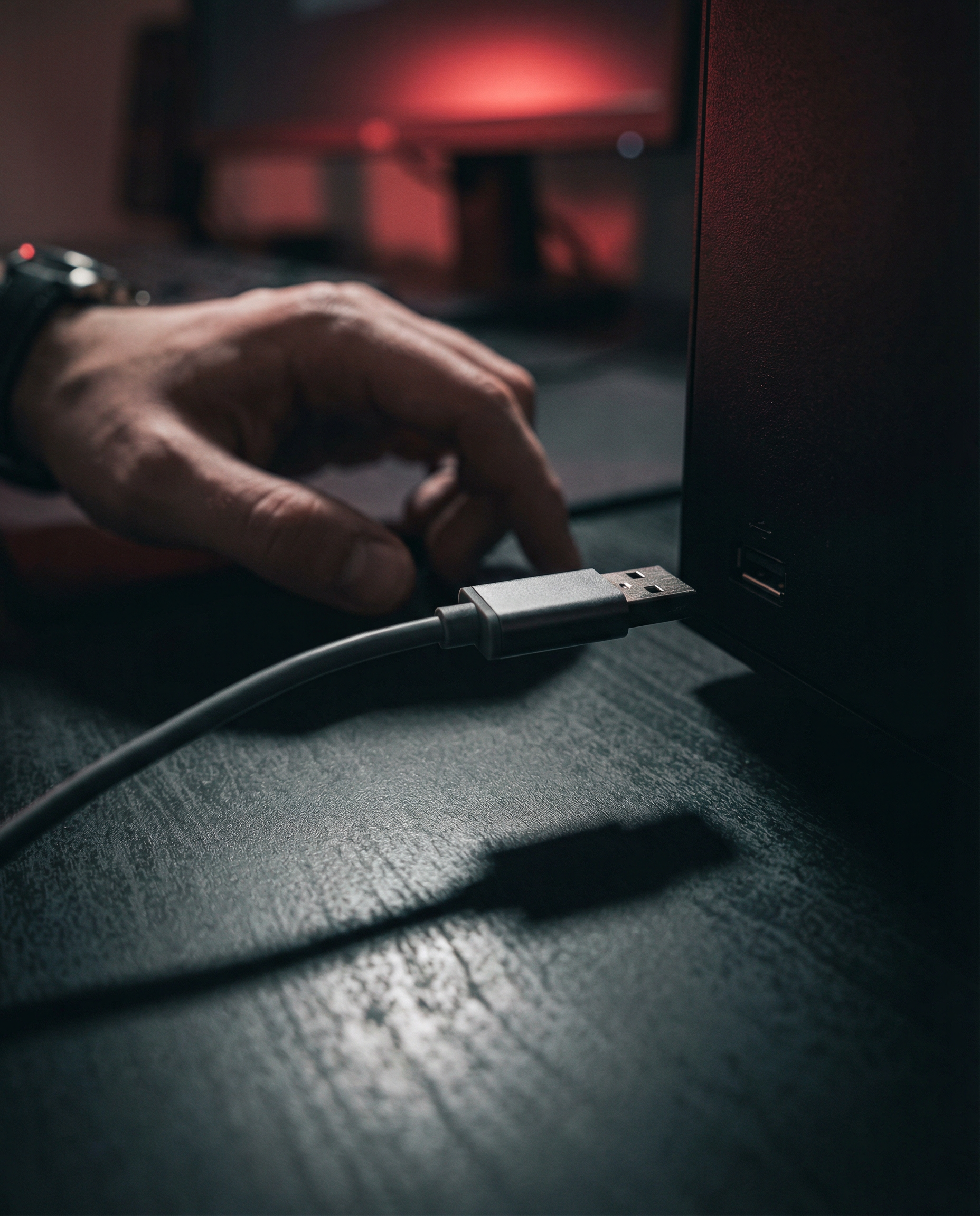 Photorealistic editorial photograph: macro close-up of USB cable connector inches away from port but not connected, dramatic side lighting creating long shadow, frustrated hand reaching from left sugg