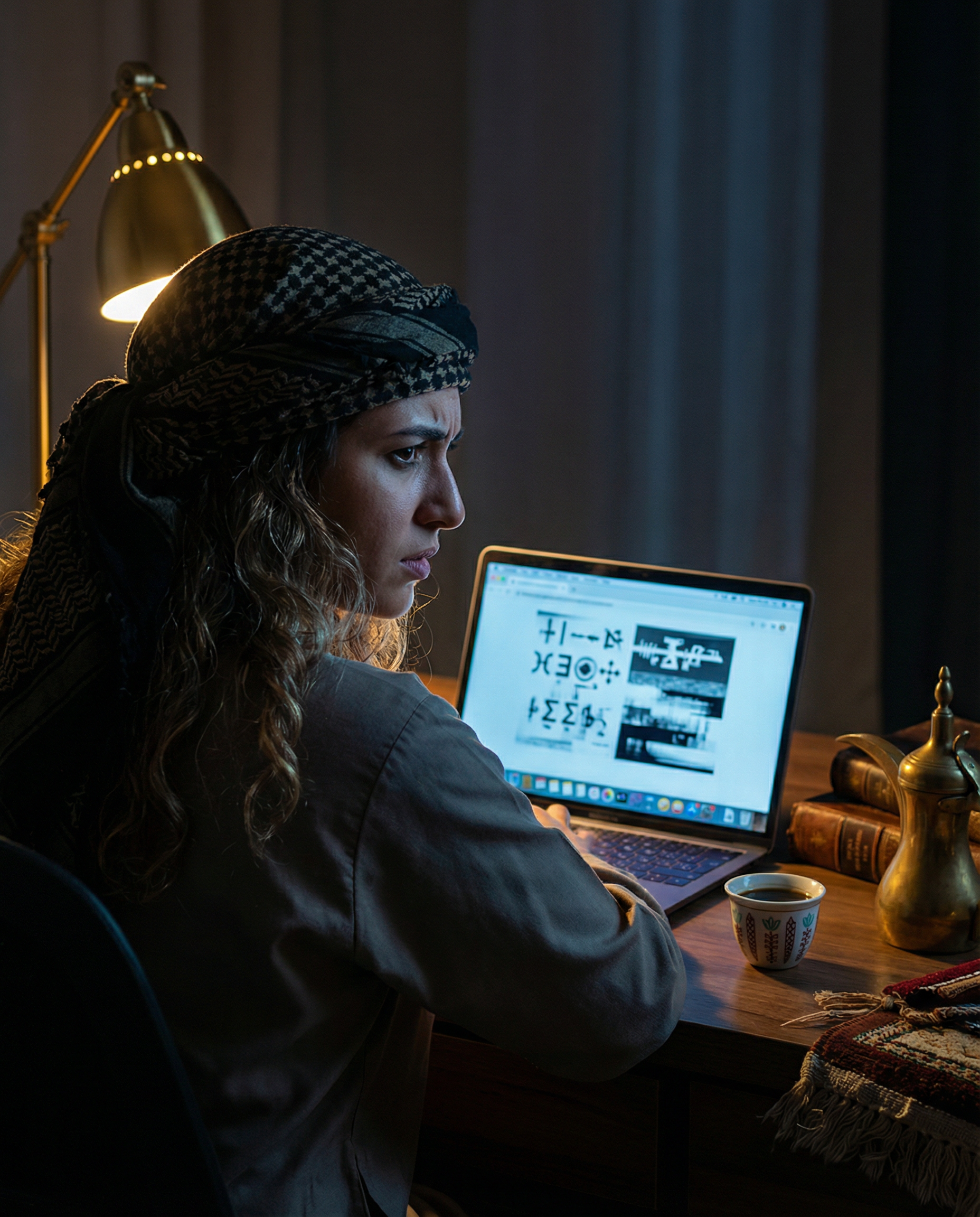 Photorealistic editorial photograph: over-the-shoulder shot of Arabic content creator reviewing AI-generated text on screen with visible cultural context errors, dramatic warm desk lamp creating golde