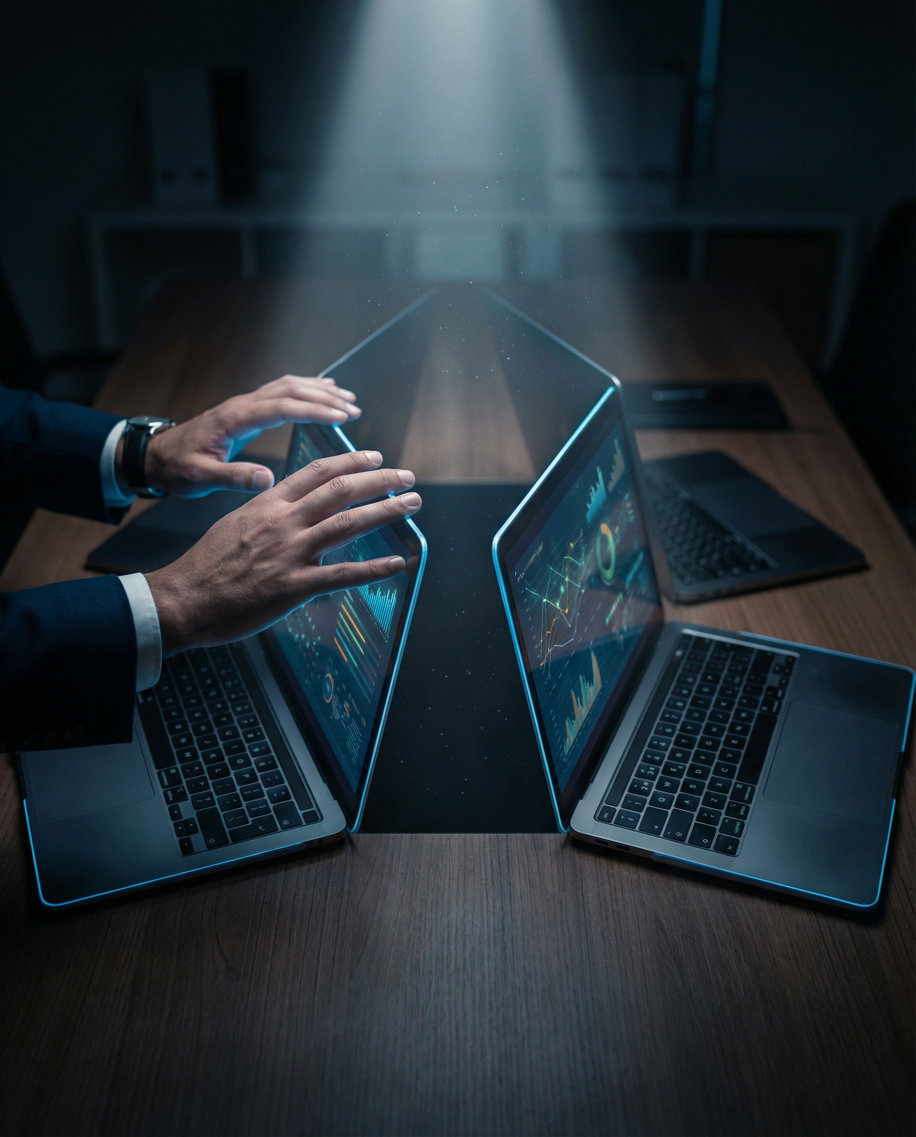 Photorealistic editorial photograph: close-up of Middle Eastern businessman's hands hovering over three different laptop screens displaying analytics dashboards, dramatic spotlight from above illumina
