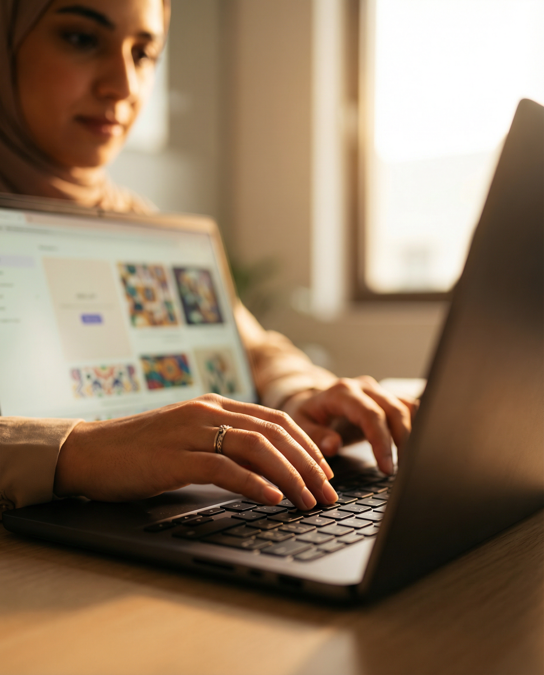 Photorealistic editorial close-up photograph: Arab businesswoman's hands typing on laptop keyboard with Arabic script visible on screen interface showing AI-generated content and cultural imagery, war
