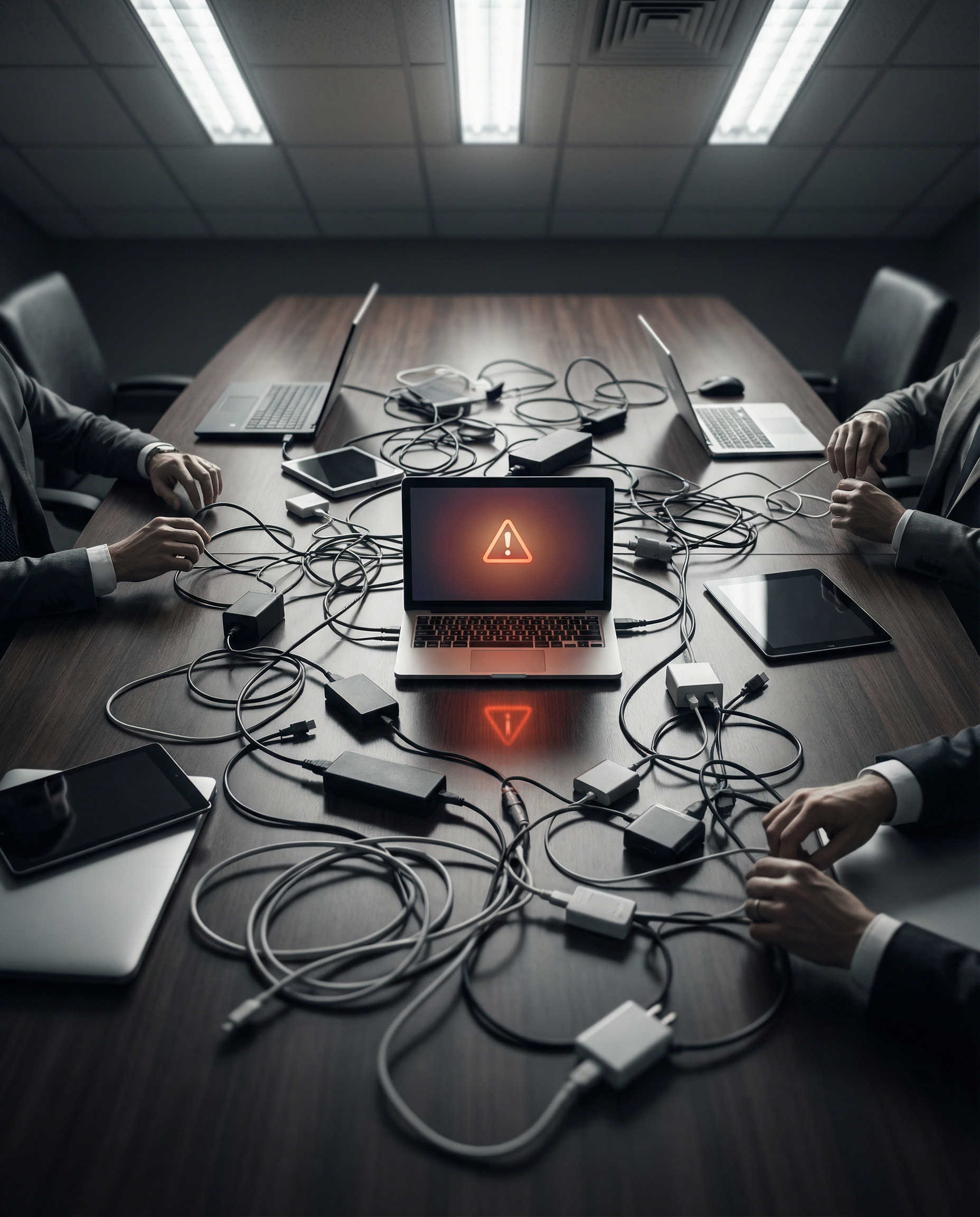 Photorealistic editorial photograph: dramatic overhead shot of business conference table with multiple disconnected cables, adapters, and incompatible devices scattered chaotically across dark wooden