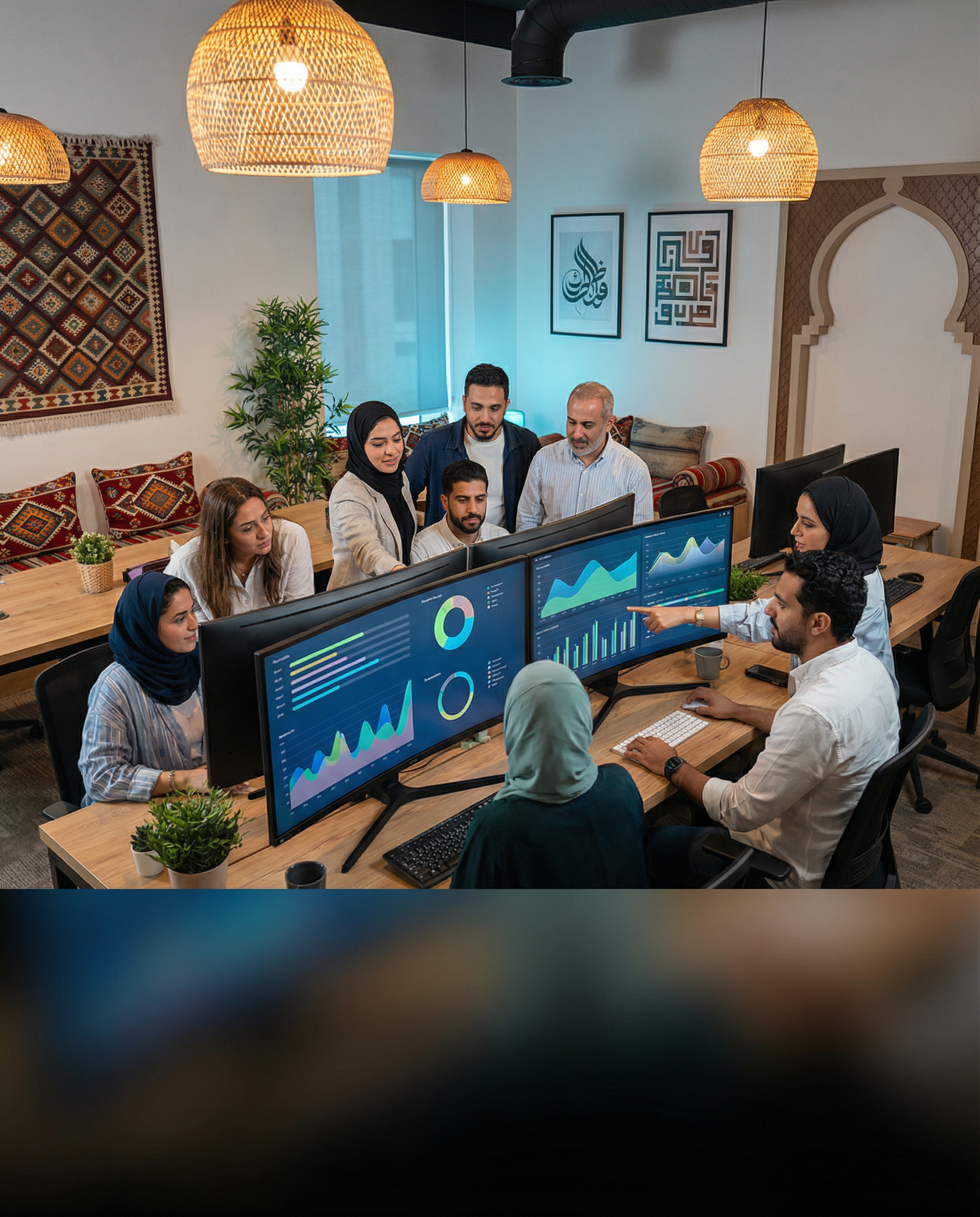 Photorealistic editorial photograph: wide establishing shot of small startup office space with diverse team gathered around large monitor displaying colorful data visualization, Arabic cultural elemen
