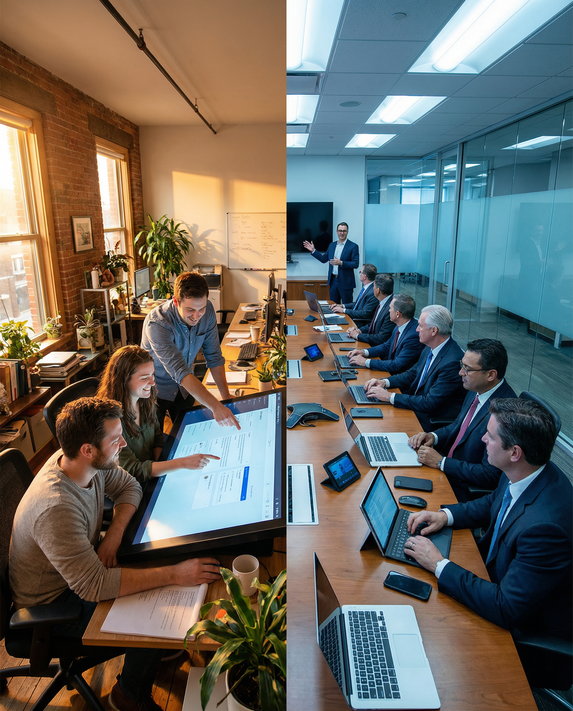 Photorealistic editorial photograph: wide establishing shot of small startup office versus large corporate boardroom split composition, left side shows intimate team huddled around single integrated p